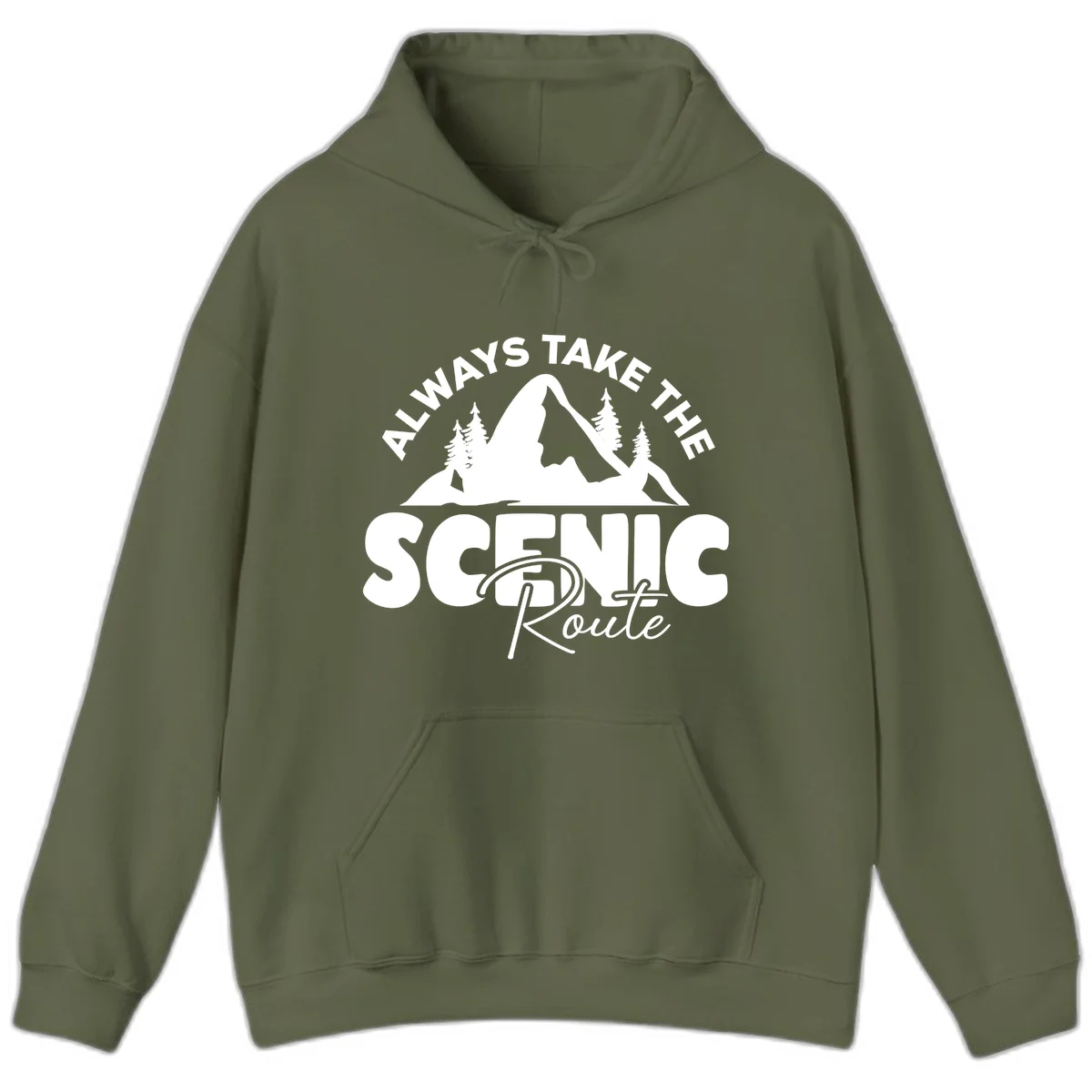 White mountain landscape illustration with evergreen trees and text reading 'All Ways Take The Scenic Route' on gray background in Military Green