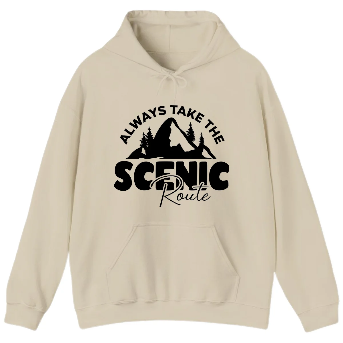 White mountain landscape illustration with evergreen trees and text reading 'All Ways Take The Scenic Route' on gray background in Sand