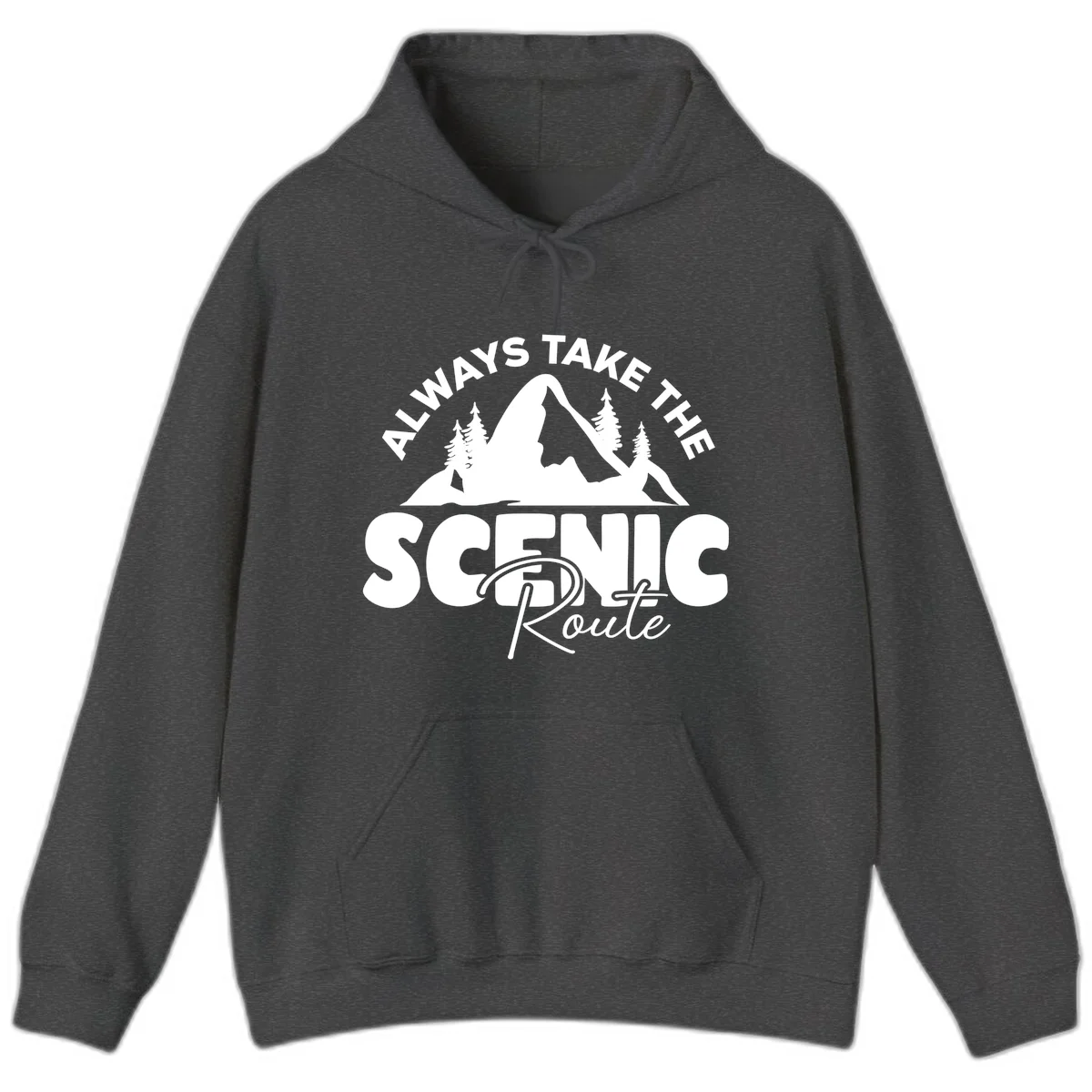 White mountain landscape illustration with evergreen trees and text reading 'All Ways Take The Scenic Route' on gray background in Dark Heather