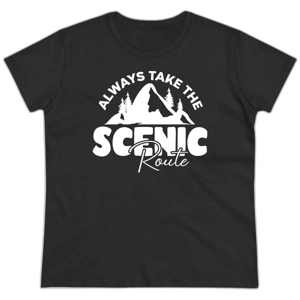 White mountain landscape illustration with evergreen trees and text reading 'All Ways Take The Scenic Route' on gray background in Black