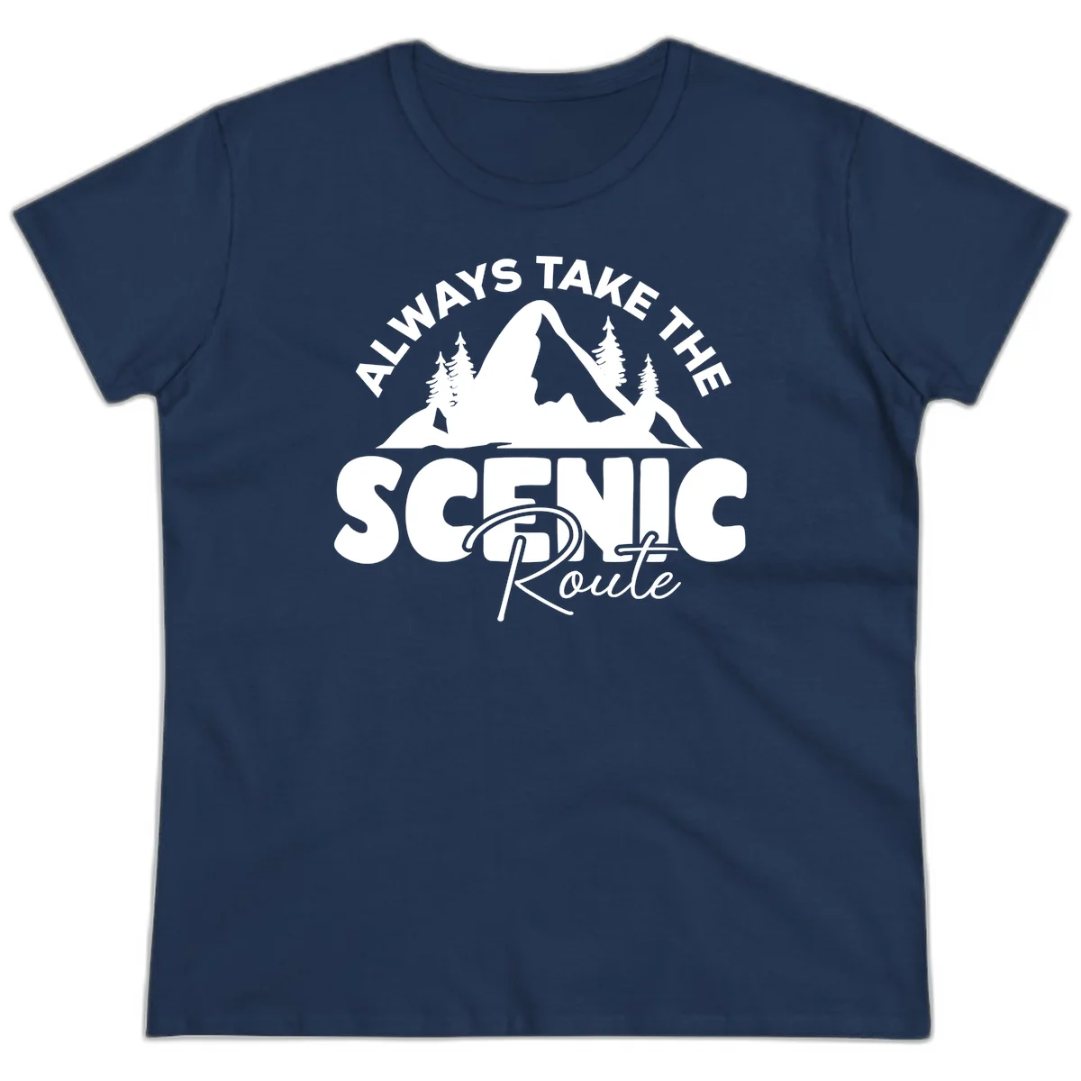 White mountain landscape illustration with evergreen trees and text reading 'All Ways Take The Scenic Route' on gray background in Navy