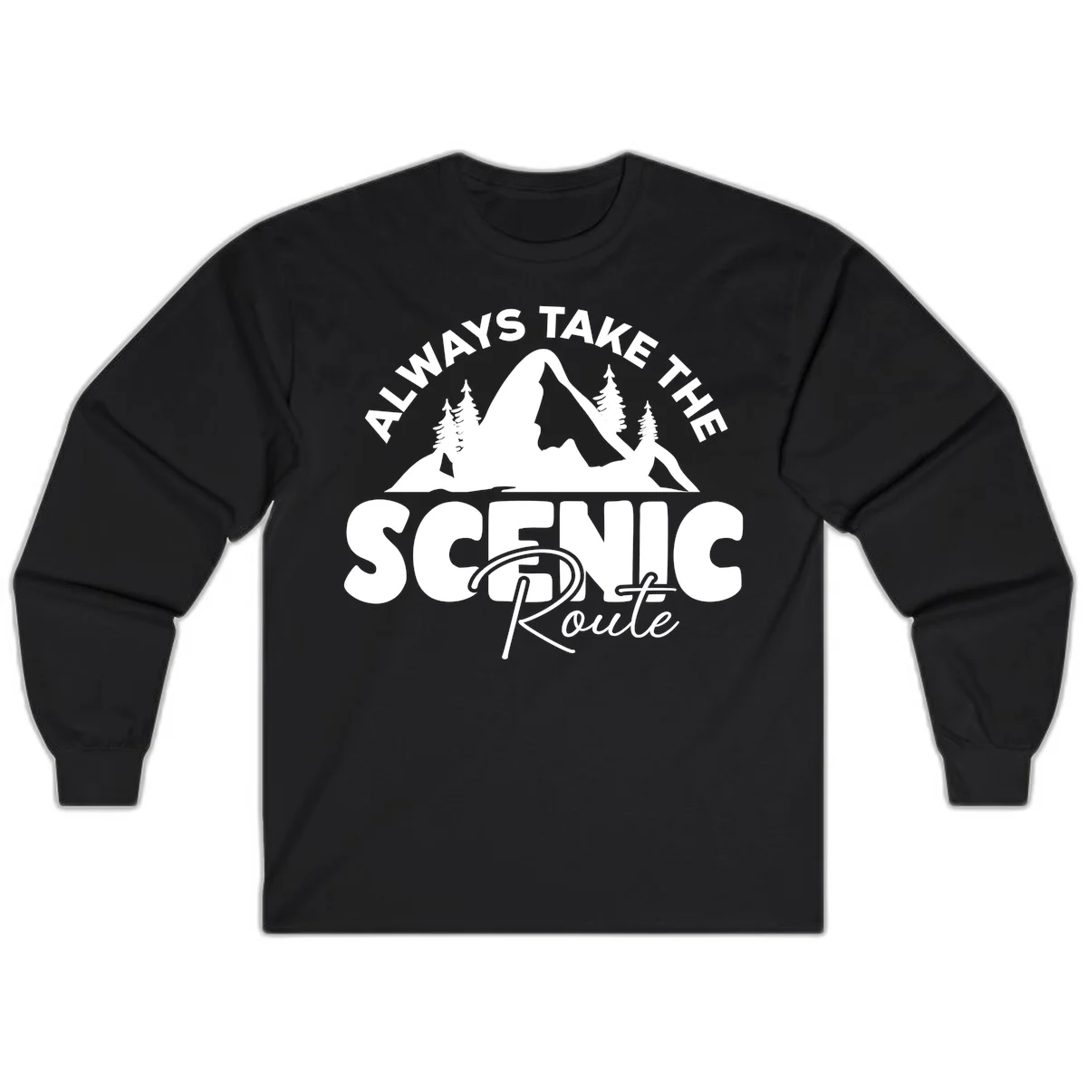 White mountain landscape illustration with evergreen trees and text reading 'All Ways Take The Scenic Route' on gray background in Black