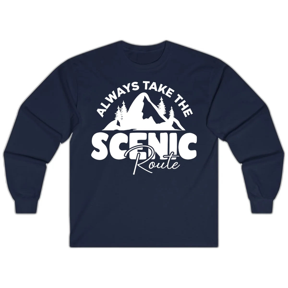 White mountain landscape illustration with evergreen trees and text reading 'All Ways Take The Scenic Route' on gray background in Navy