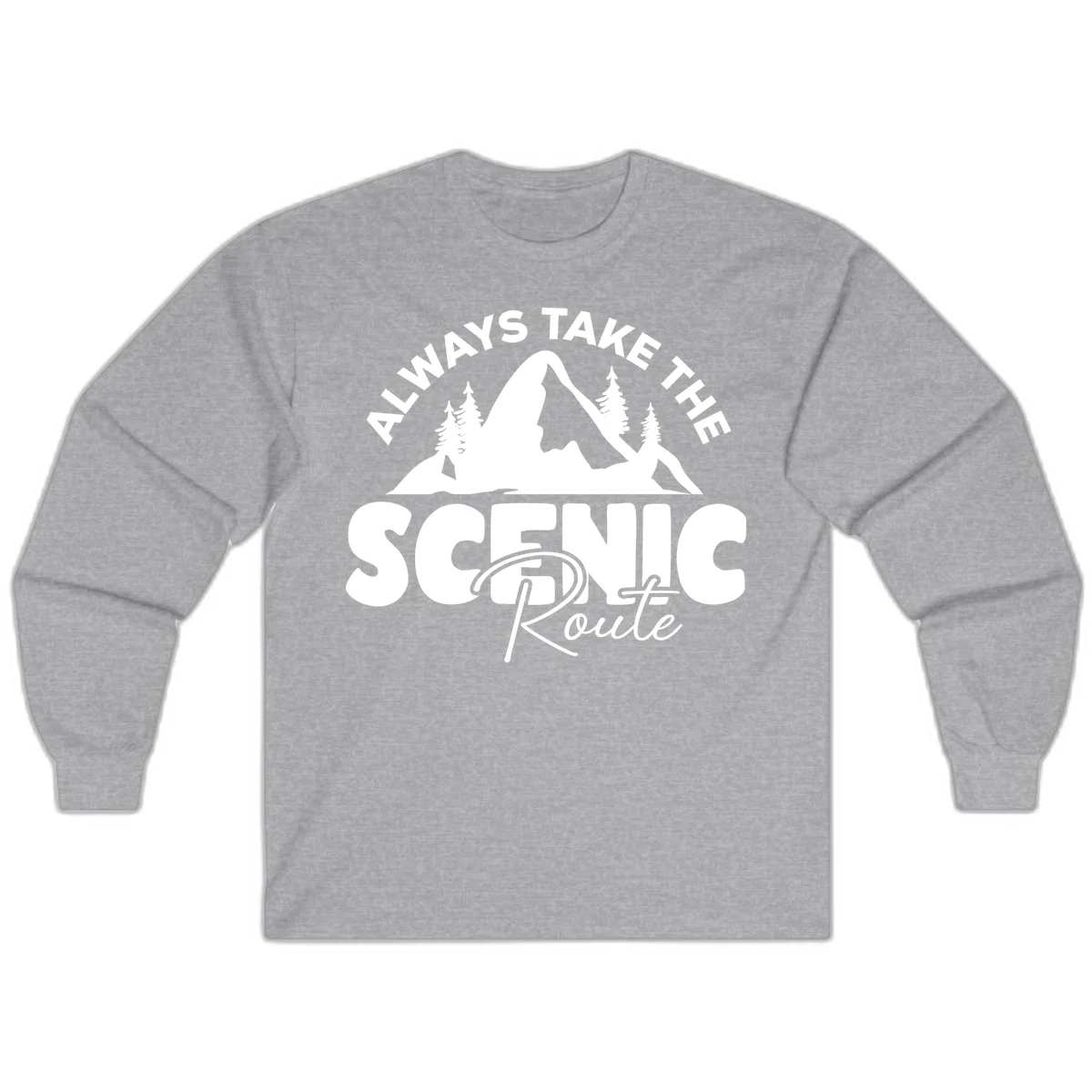 White mountain landscape illustration with evergreen trees and text reading 'All Ways Take The Scenic Route' on gray background in Sport Grey