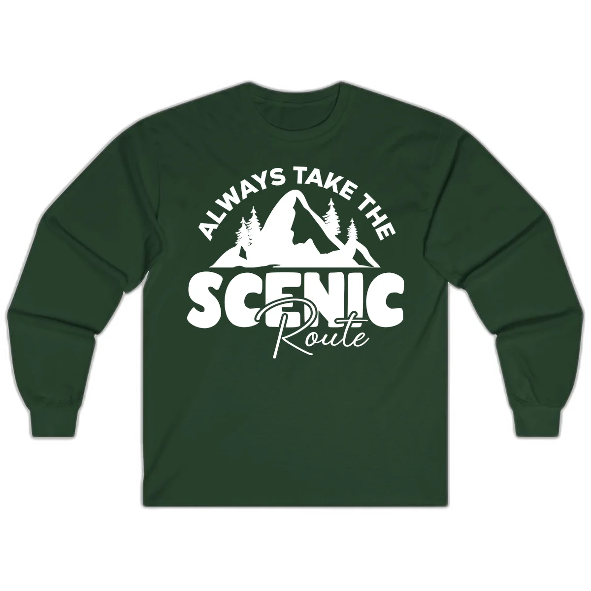 White mountain landscape illustration with evergreen trees and text reading 'All Ways Take The Scenic Route' on gray background in Forest Green