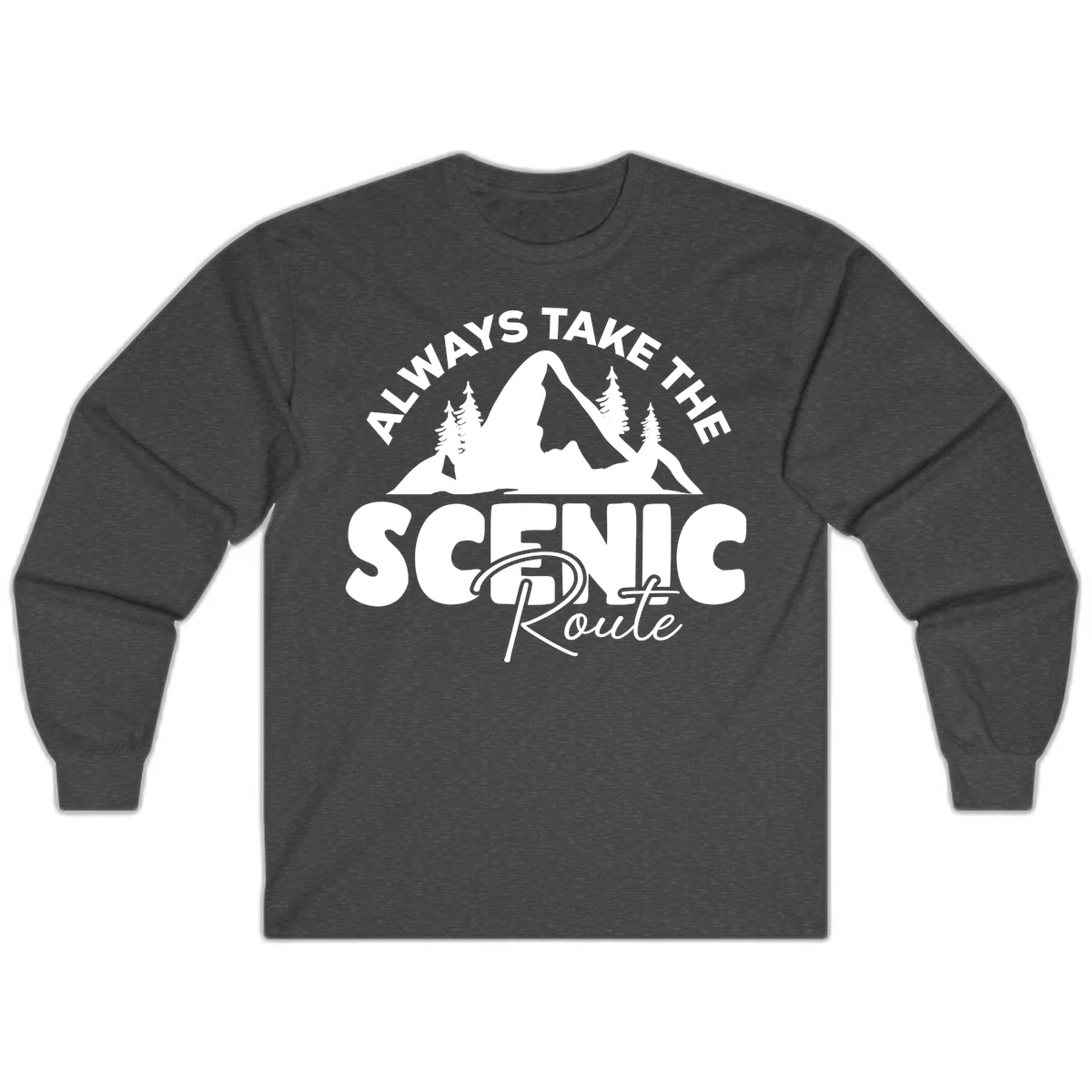 White mountain landscape illustration with evergreen trees and text reading 'All Ways Take The Scenic Route' on gray background in Dark Heather