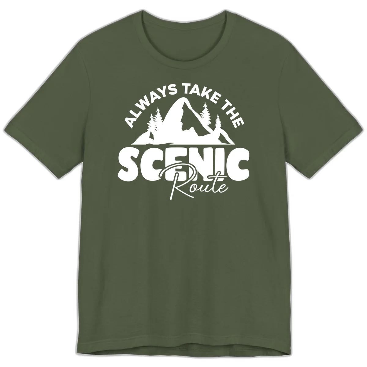 White mountain landscape illustration with evergreen trees and text reading 'All Ways Take The Scenic Route' on gray background in Military Green