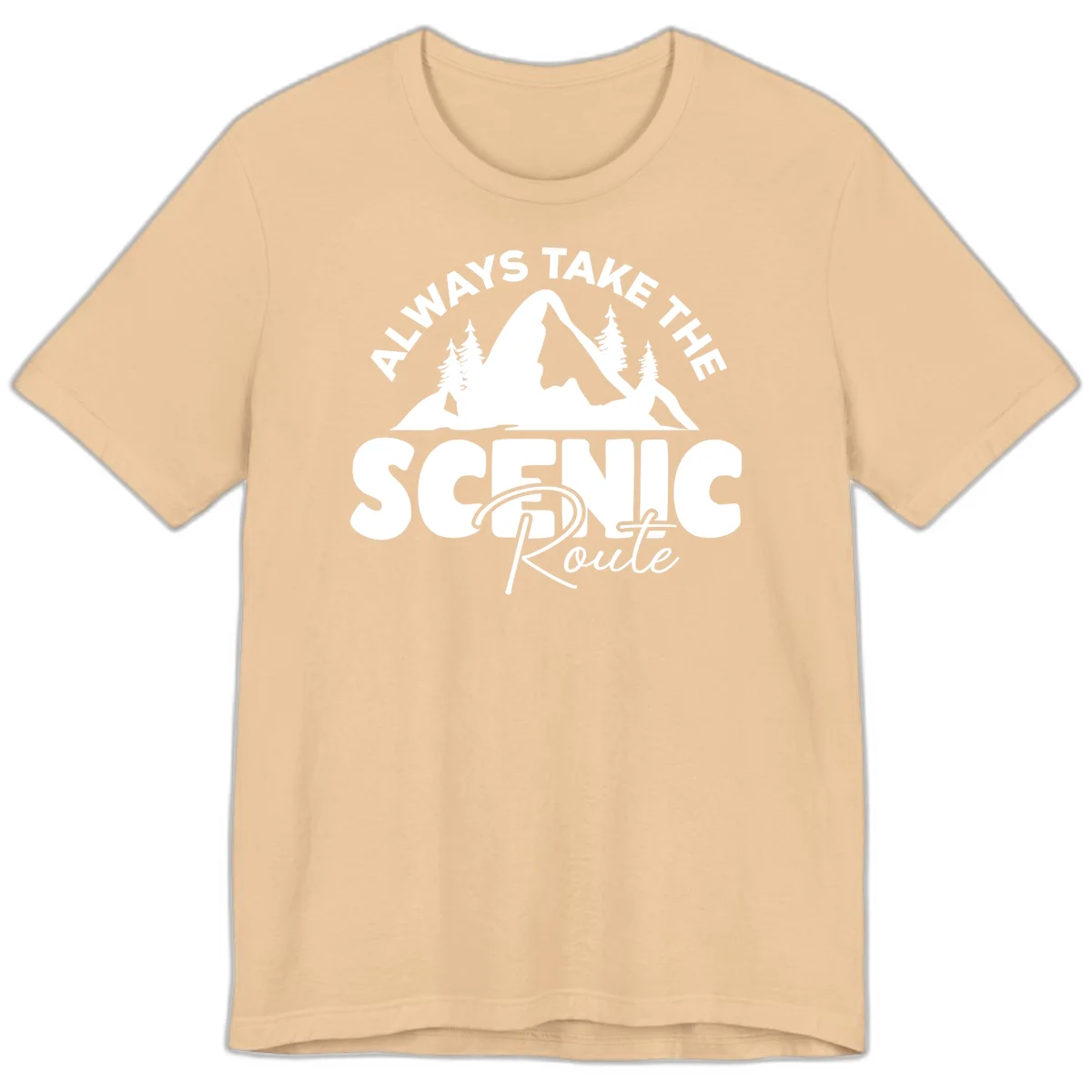 White mountain landscape illustration with evergreen trees and text reading 'All Ways Take The Scenic Route' on gray background in Sand Dune