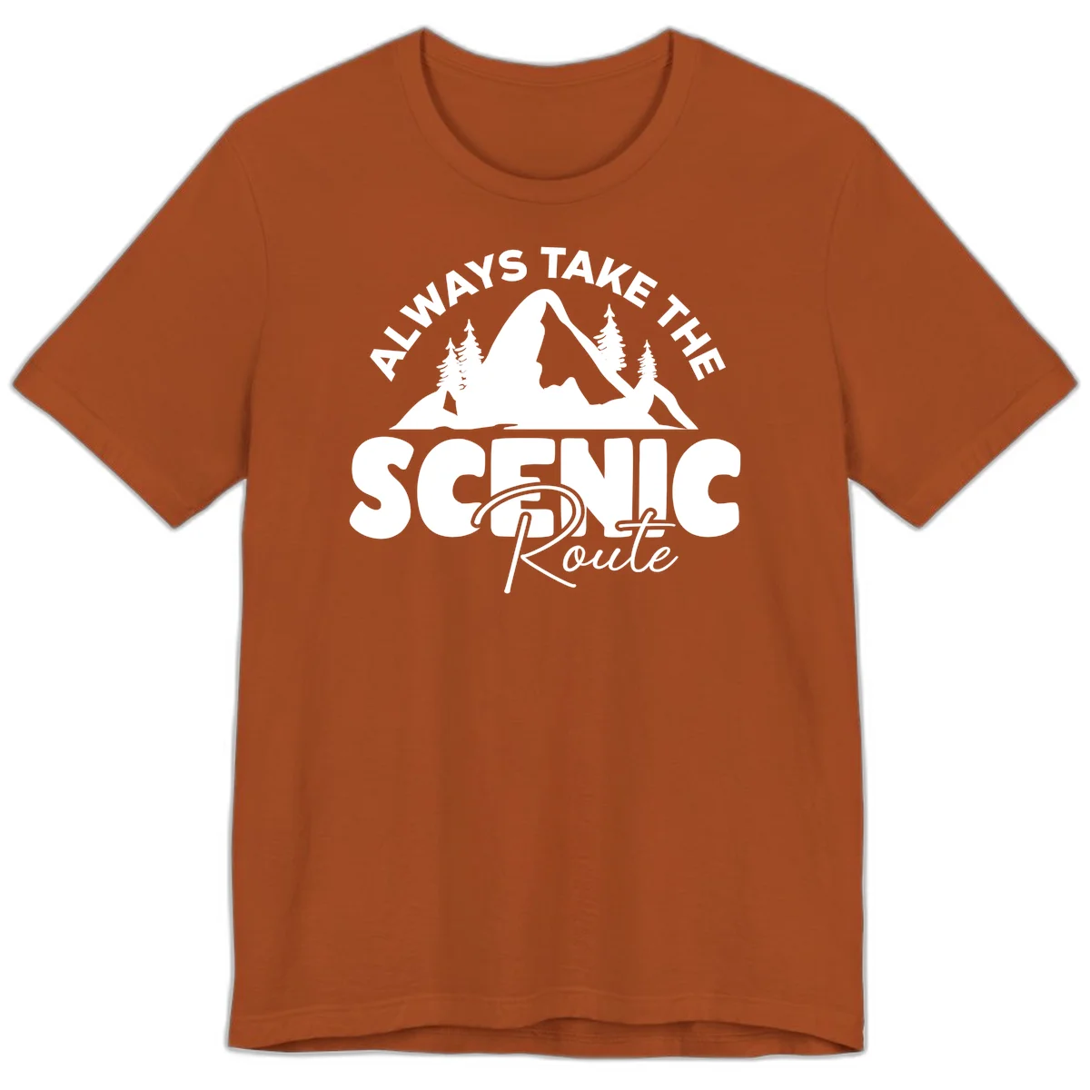 White mountain landscape illustration with evergreen trees and text reading 'All Ways Take The Scenic Route' on gray background in Autumn