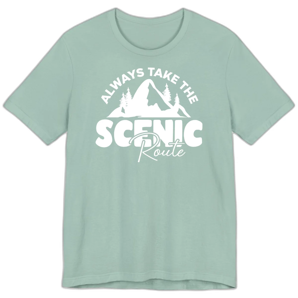 White mountain landscape illustration with evergreen trees and text reading 'All Ways Take The Scenic Route' on gray background in Dusty Blue