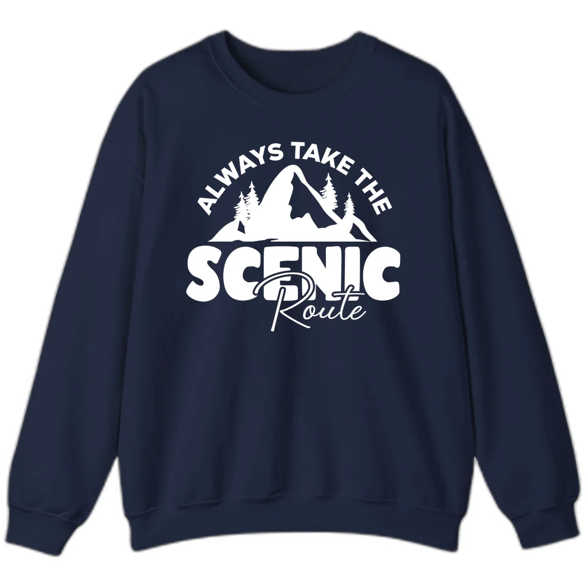White mountain landscape illustration with evergreen trees and text reading 'All Ways Take The Scenic Route' on gray background in Navy