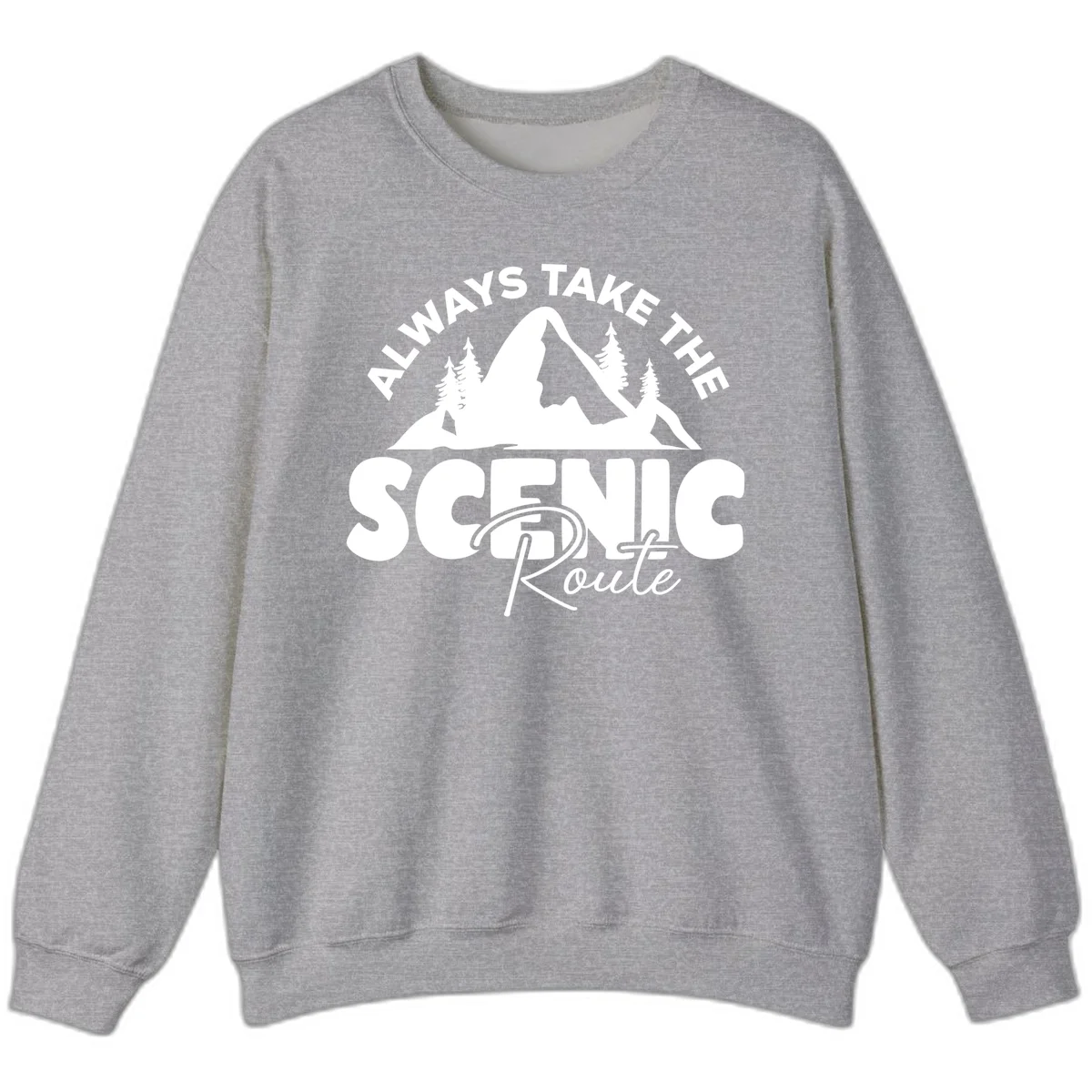 White mountain landscape illustration with evergreen trees and text reading 'All Ways Take The Scenic Route' on gray background in Sport Grey