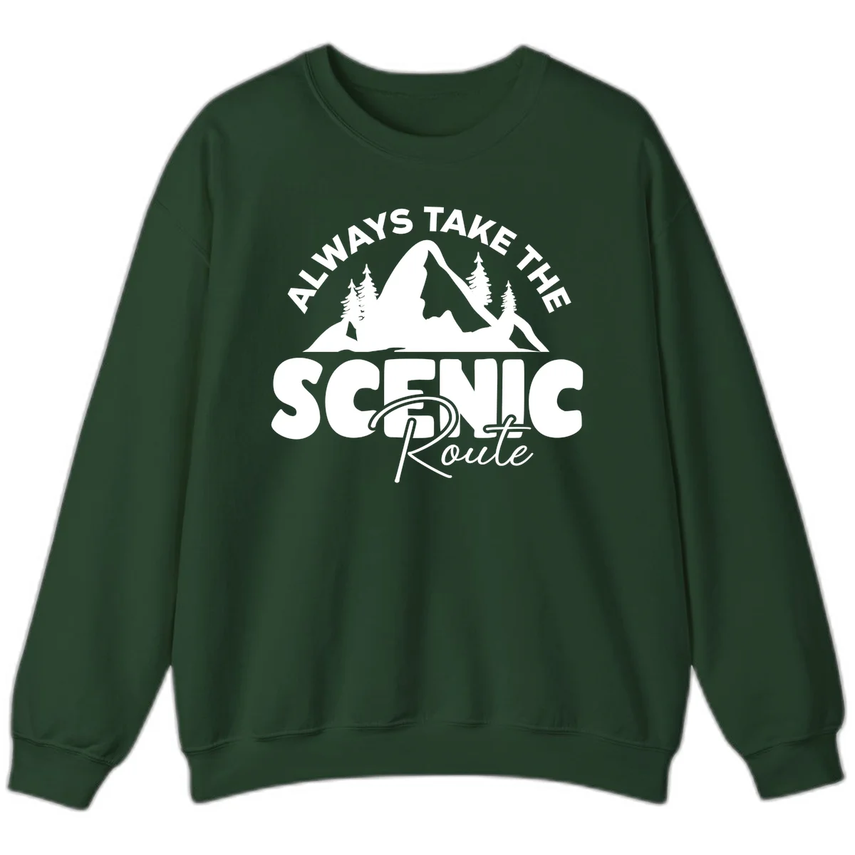 White mountain landscape illustration with evergreen trees and text reading 'All Ways Take The Scenic Route' on gray background in Forest Green
