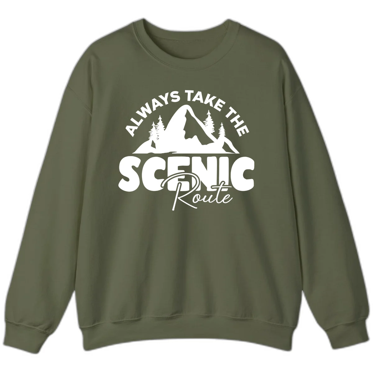 White mountain landscape illustration with evergreen trees and text reading 'All Ways Take The Scenic Route' on gray background in Military Green
