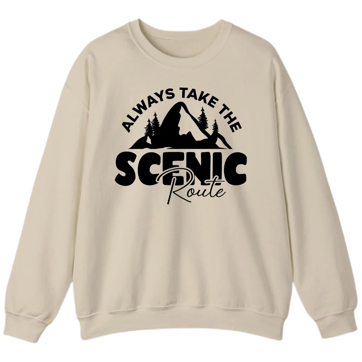 White mountain landscape illustration with evergreen trees and text reading 'All Ways Take The Scenic Route' on gray background in Sand