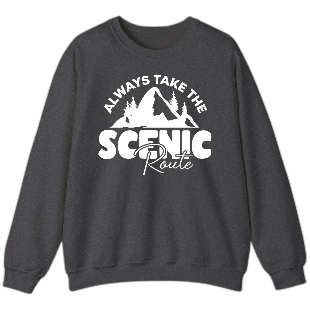 White mountain landscape illustration with evergreen trees and text reading 'All Ways Take The Scenic Route' on gray background in Dark Heather