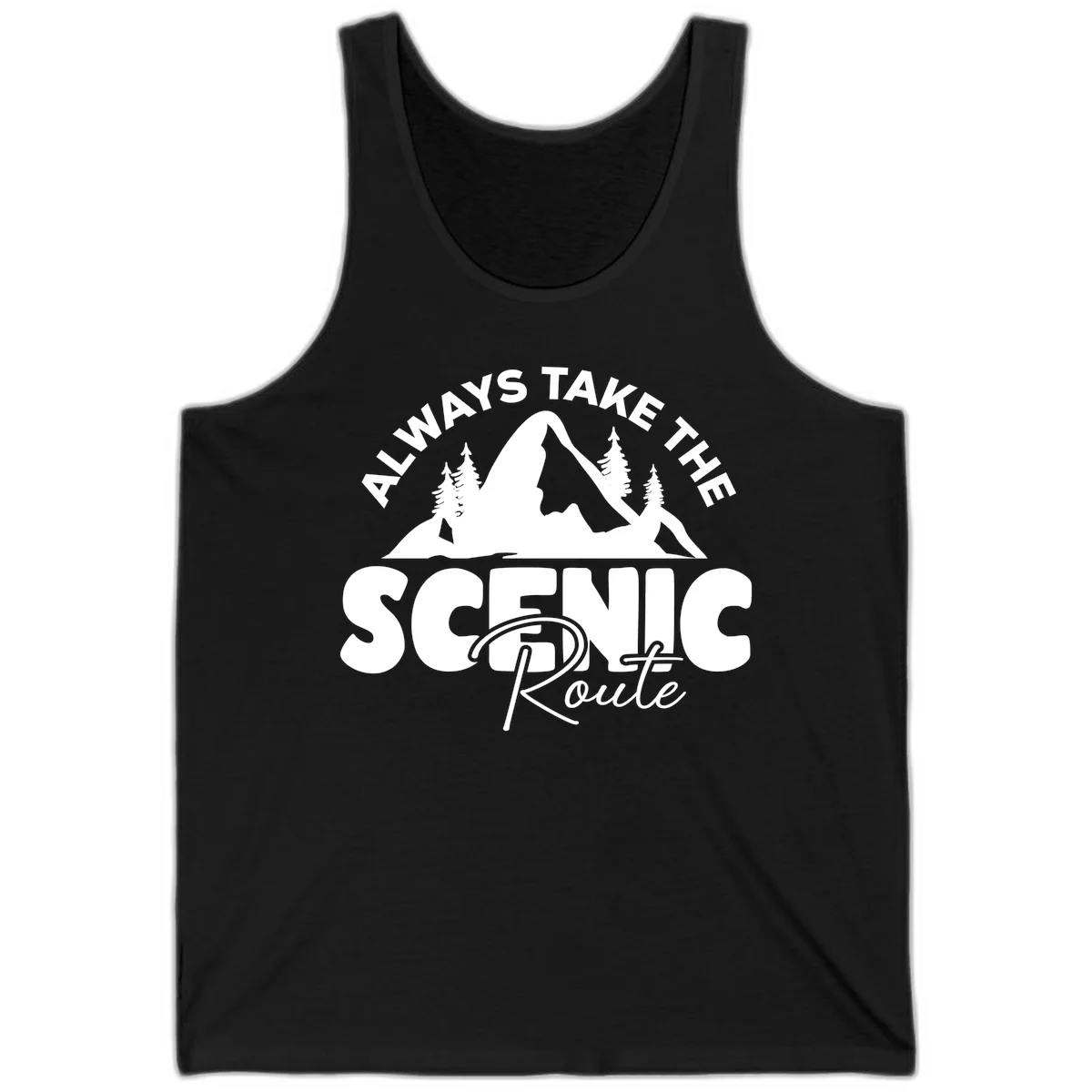 White mountain landscape illustration with evergreen trees and text reading 'All Ways Take The Scenic Route' on gray background in Black