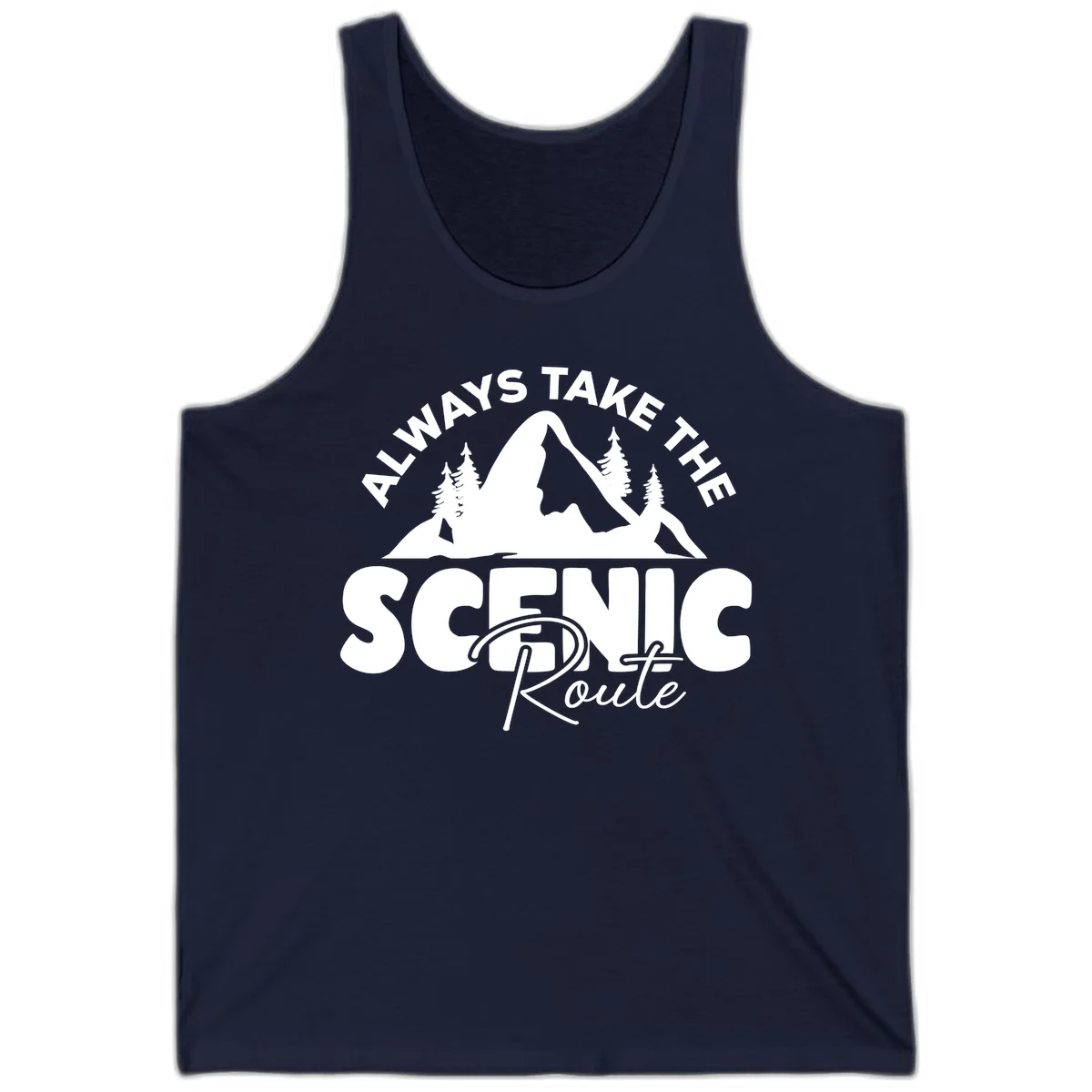 White mountain landscape illustration with evergreen trees and text reading 'All Ways Take The Scenic Route' on gray background in Navy