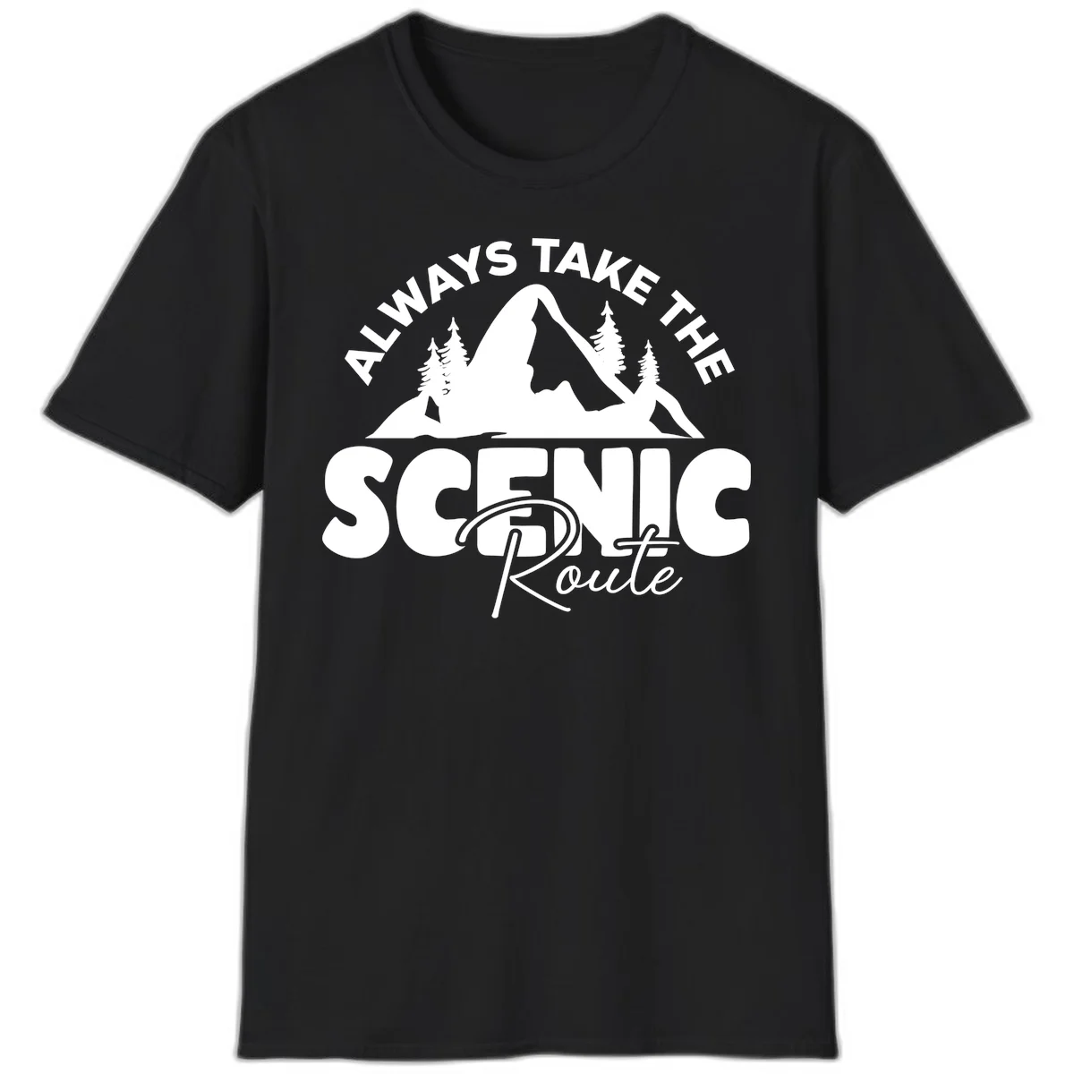 White mountain landscape illustration with evergreen trees and text reading 'All Ways Take The Scenic Route' on gray background in Black