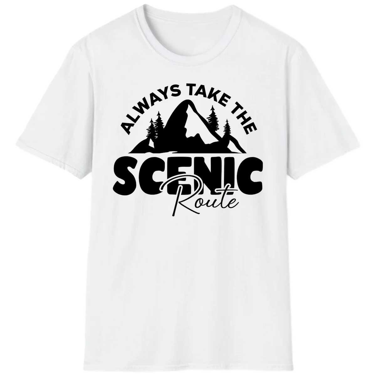 White mountain landscape illustration with evergreen trees and text reading 'All Ways Take The Scenic Route' on gray background in White
