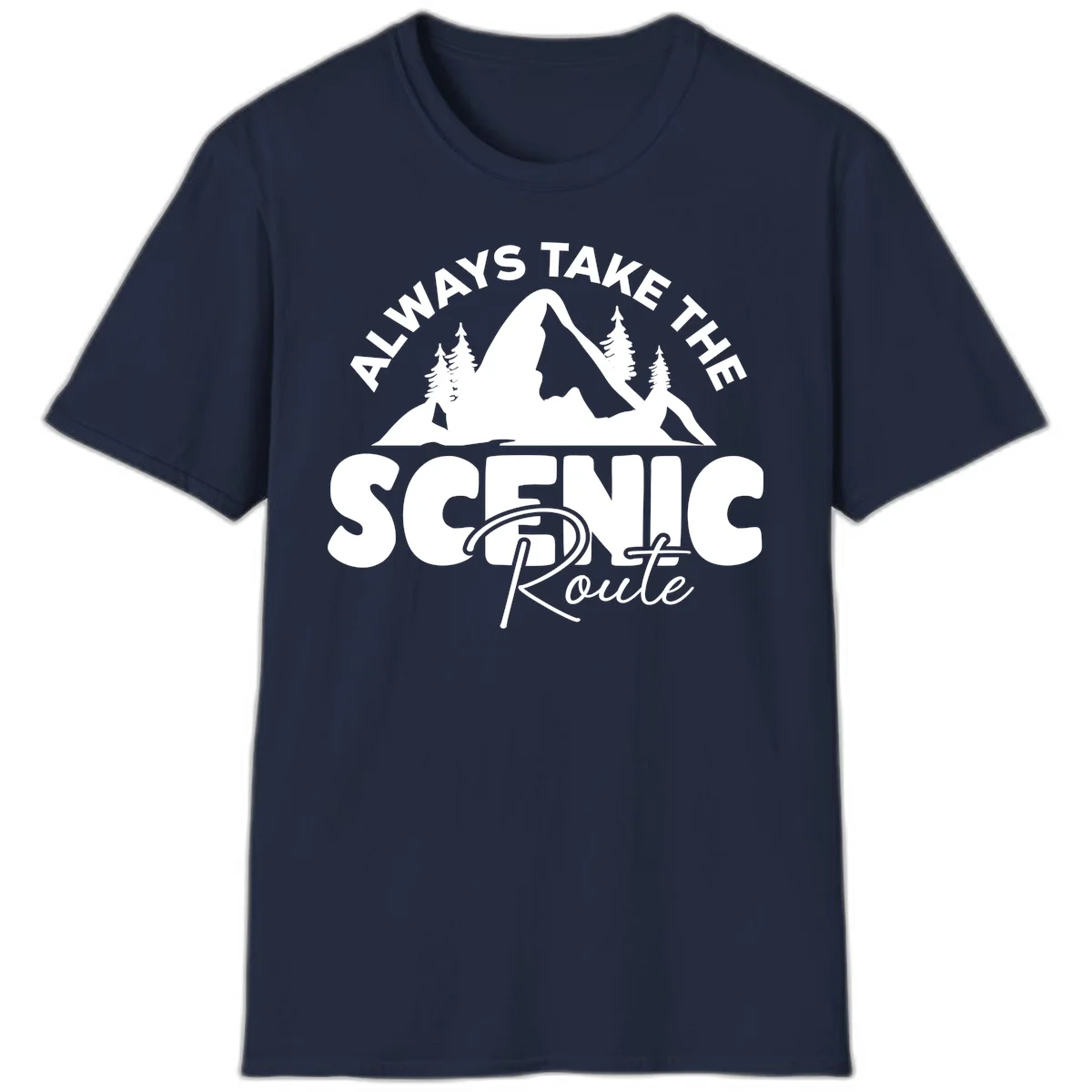 White mountain landscape illustration with evergreen trees and text reading 'All Ways Take The Scenic Route' on gray background in Navy
