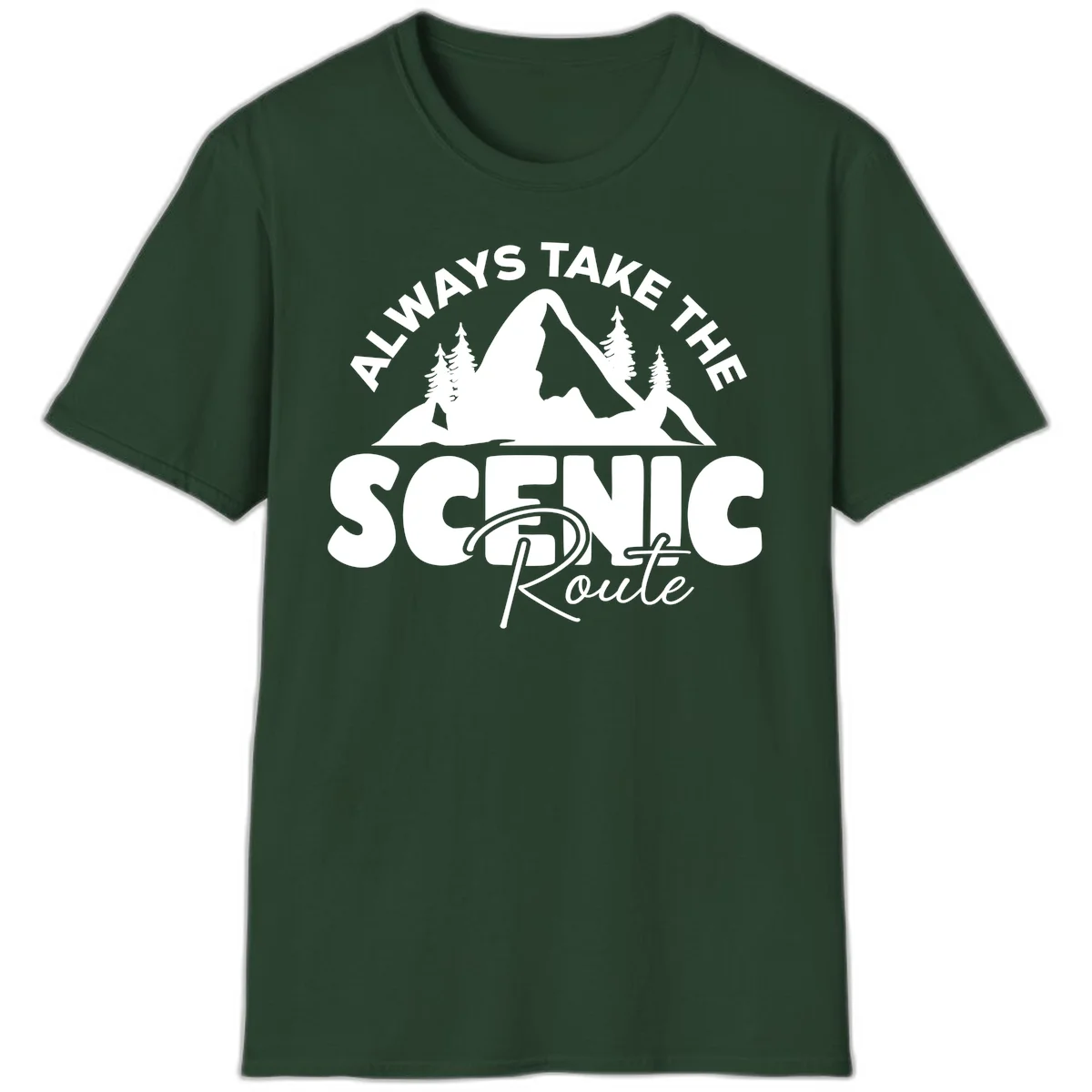 White mountain landscape illustration with evergreen trees and text reading 'All Ways Take The Scenic Route' on gray background in Forest Green