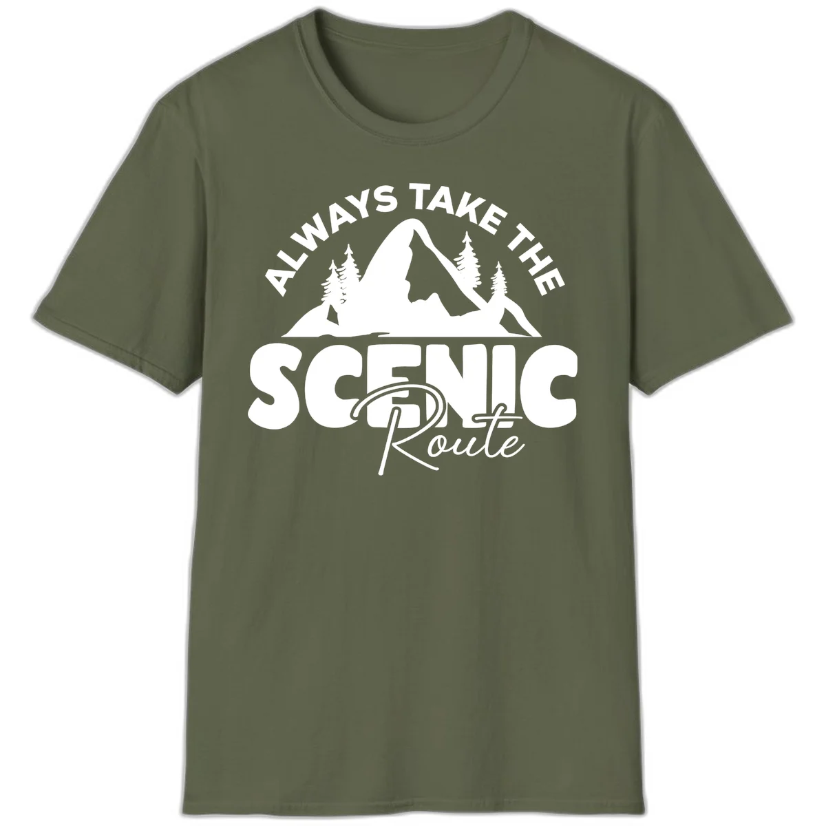 White mountain landscape illustration with evergreen trees and text reading 'All Ways Take The Scenic Route' on gray background in Military Green