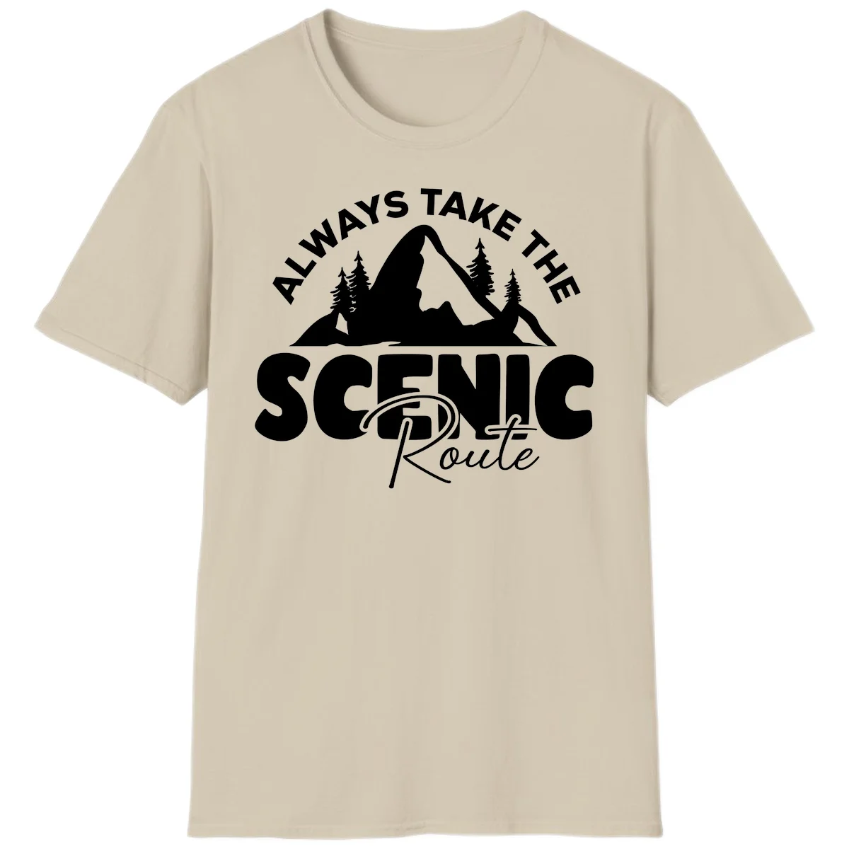 White mountain landscape illustration with evergreen trees and text reading 'All Ways Take The Scenic Route' on gray background in Sand