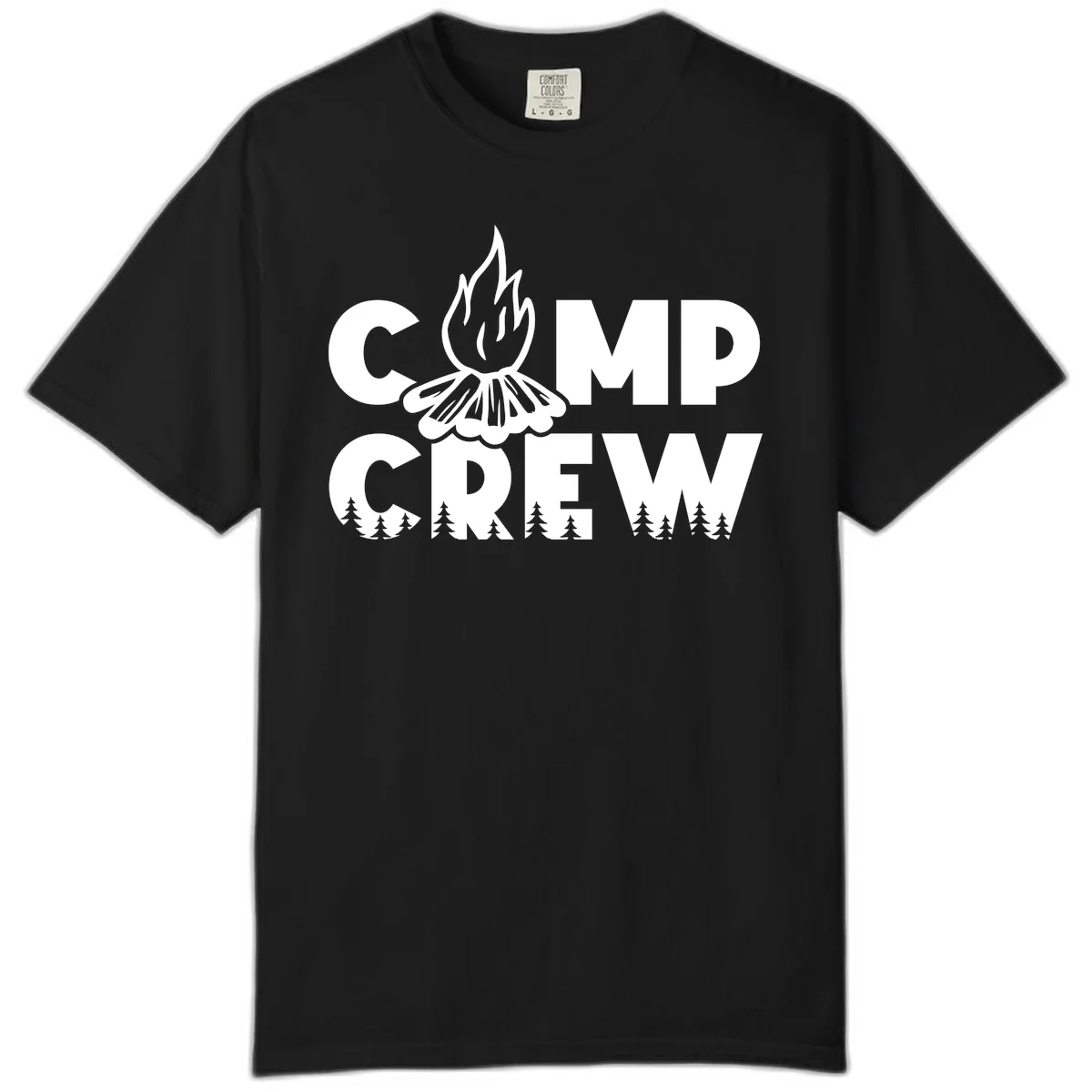 Camp Crew campfire design with stylized flames, flower bloom, and pine trees on gray background in Black