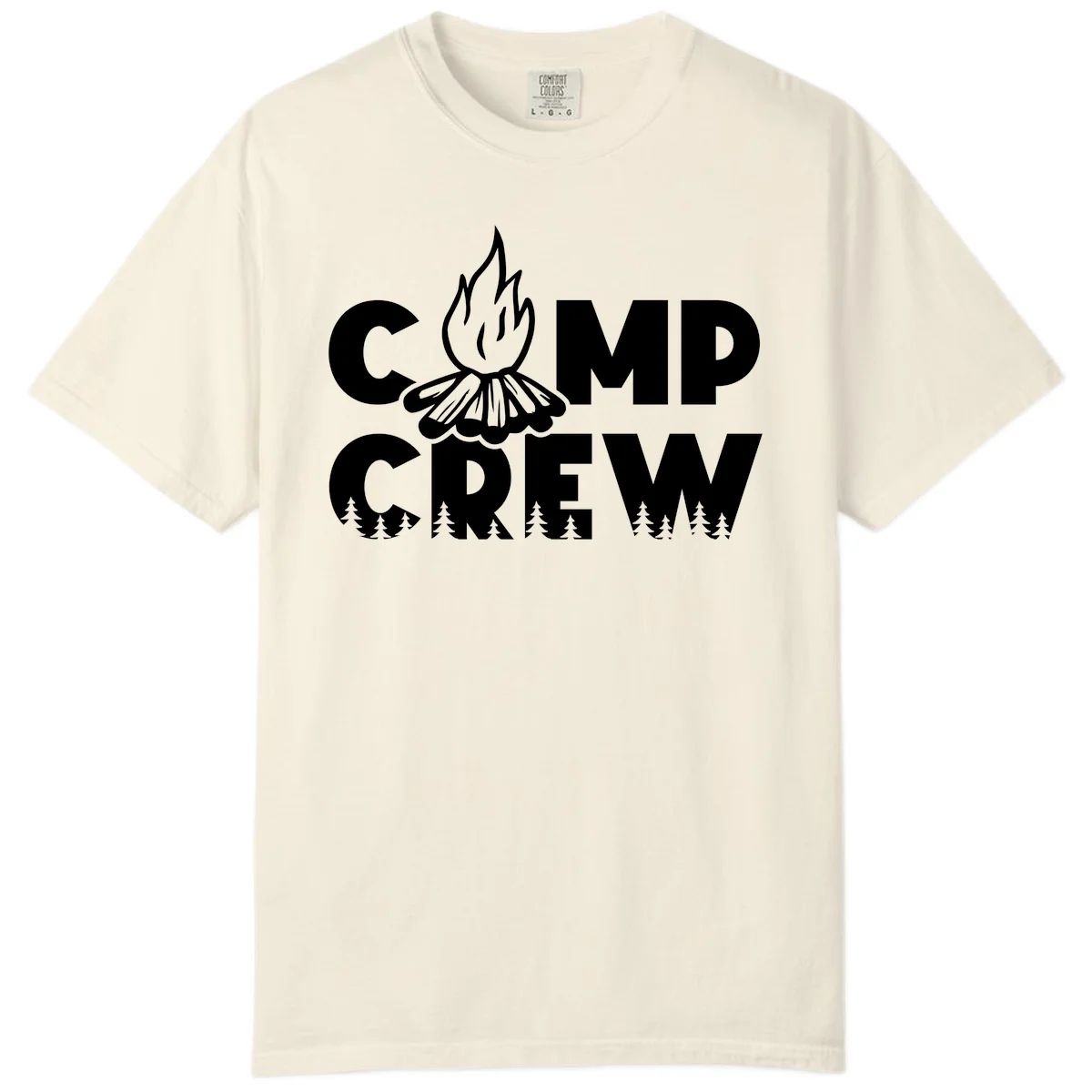 Camp Crew campfire design with stylized flames, flower bloom, and pine trees on gray background in Ivory