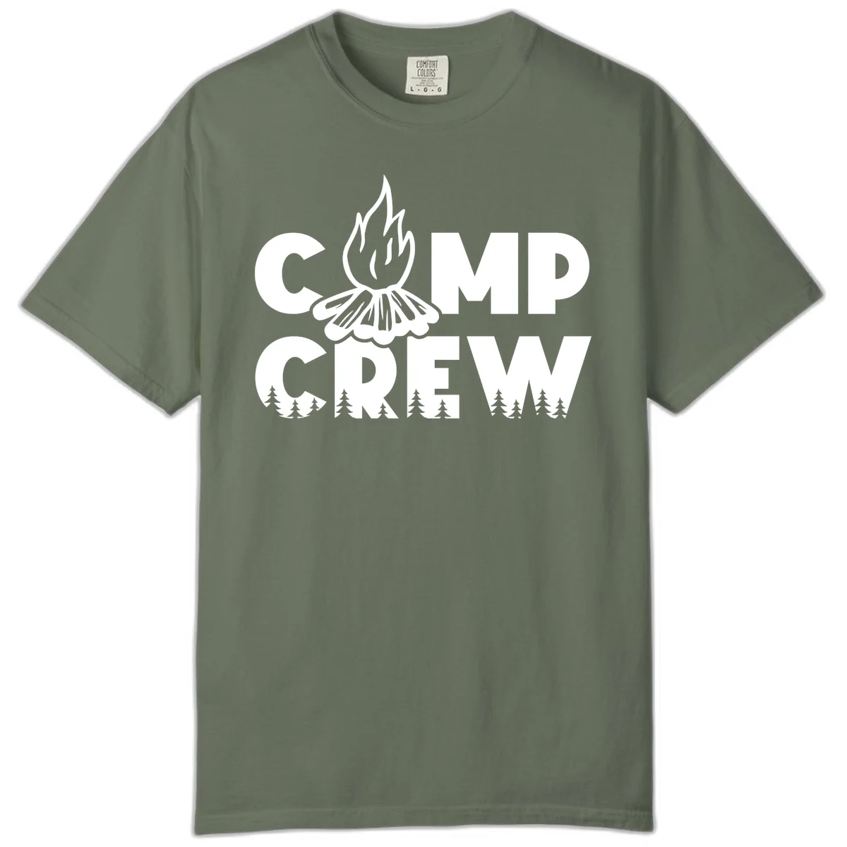 Camp Crew campfire design with stylized flames, flower bloom, and pine trees on gray background in Moss
