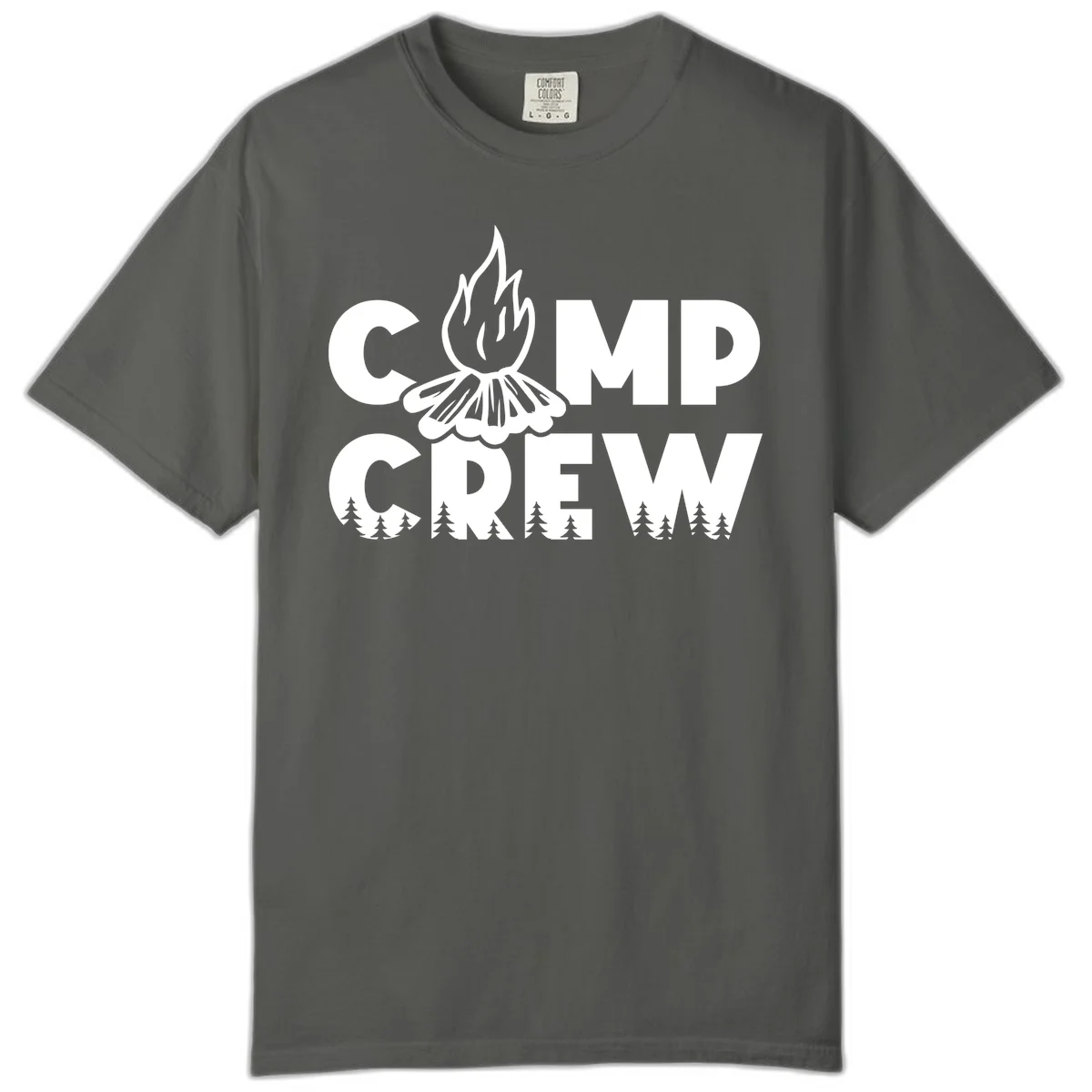Camp Crew campfire design with stylized flames, flower bloom, and pine trees on gray background in Pepper