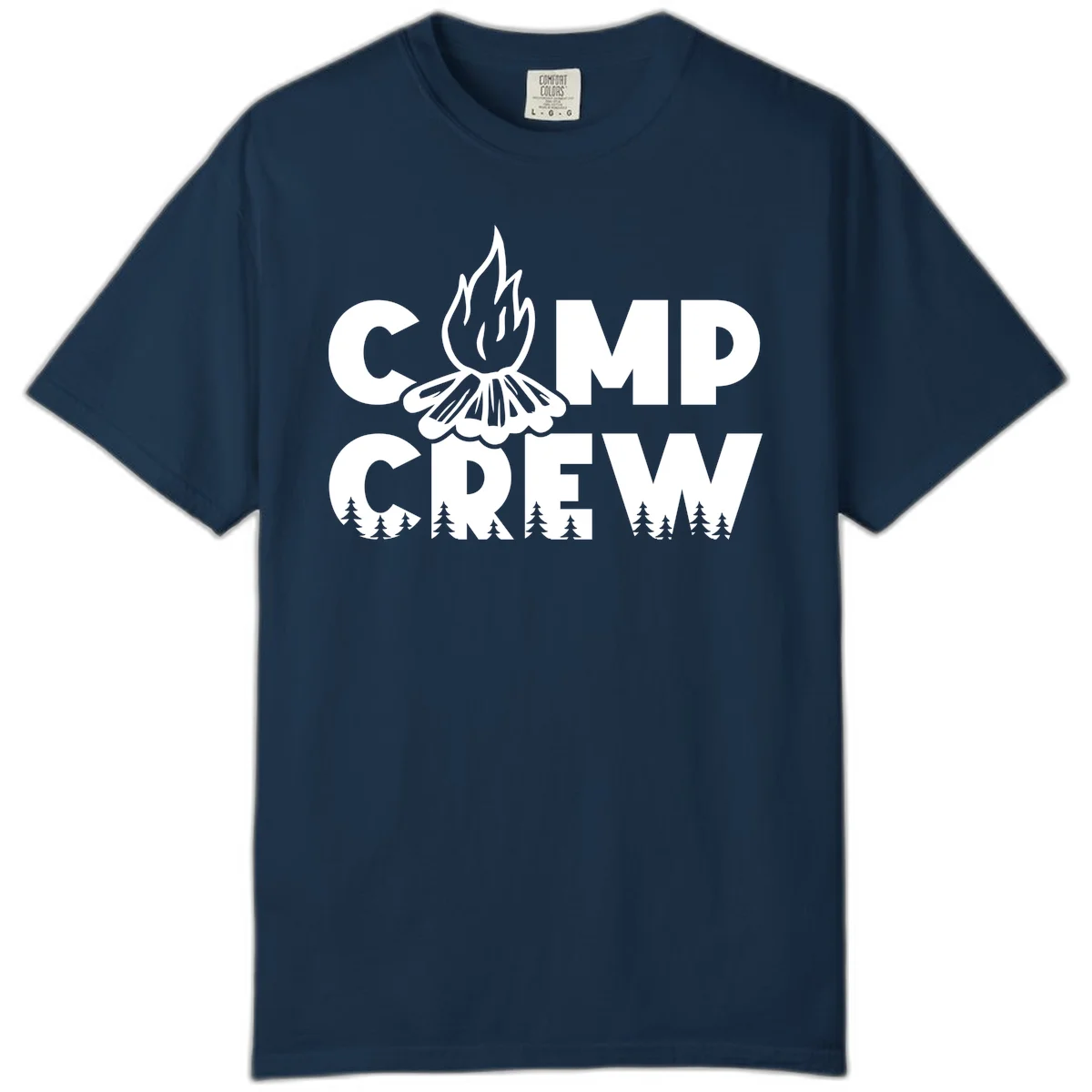 Camp Crew campfire design with stylized flames, flower bloom, and pine trees on gray background in True Navy