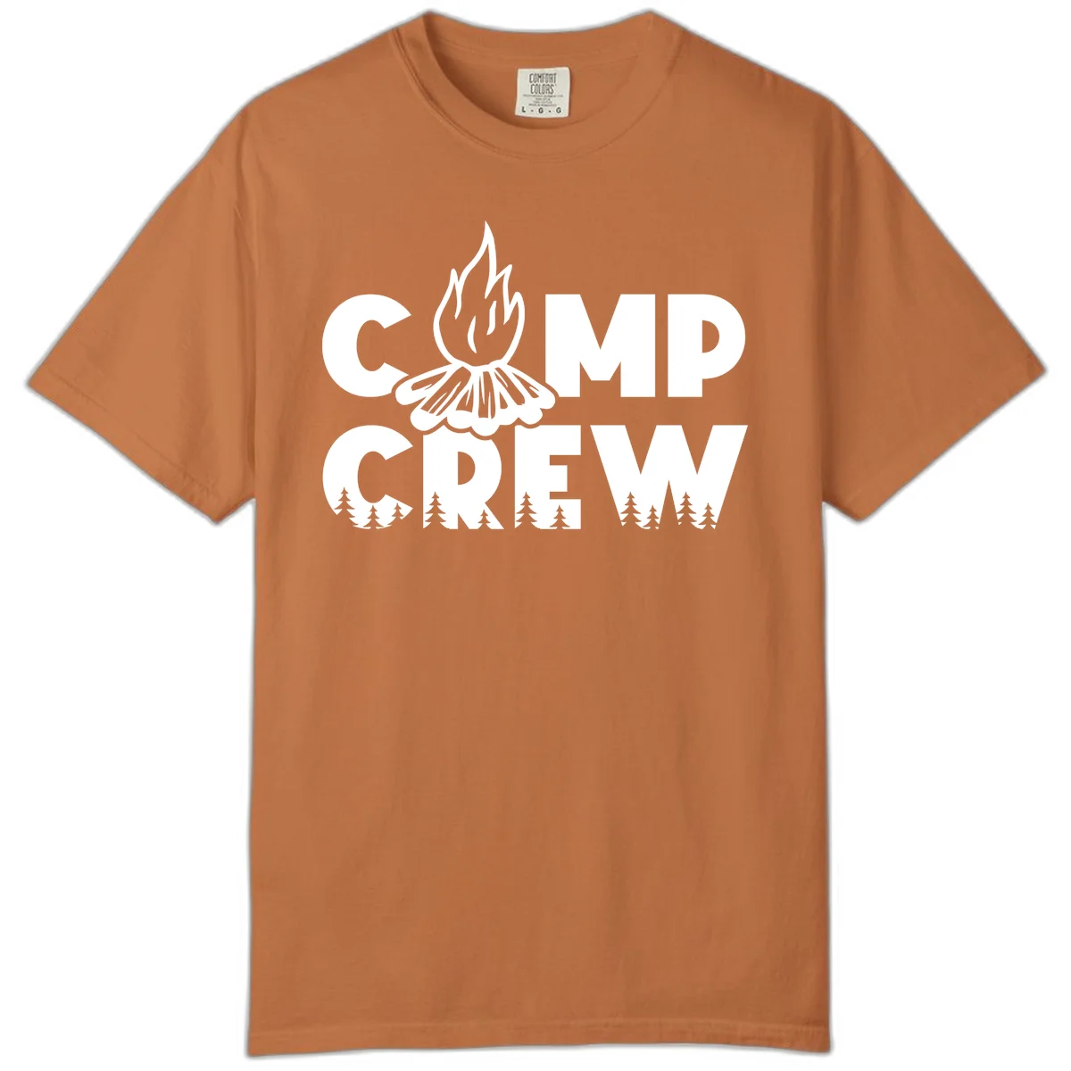 Camp Crew campfire design with stylized flames, flower bloom, and pine trees on gray background in Yam
