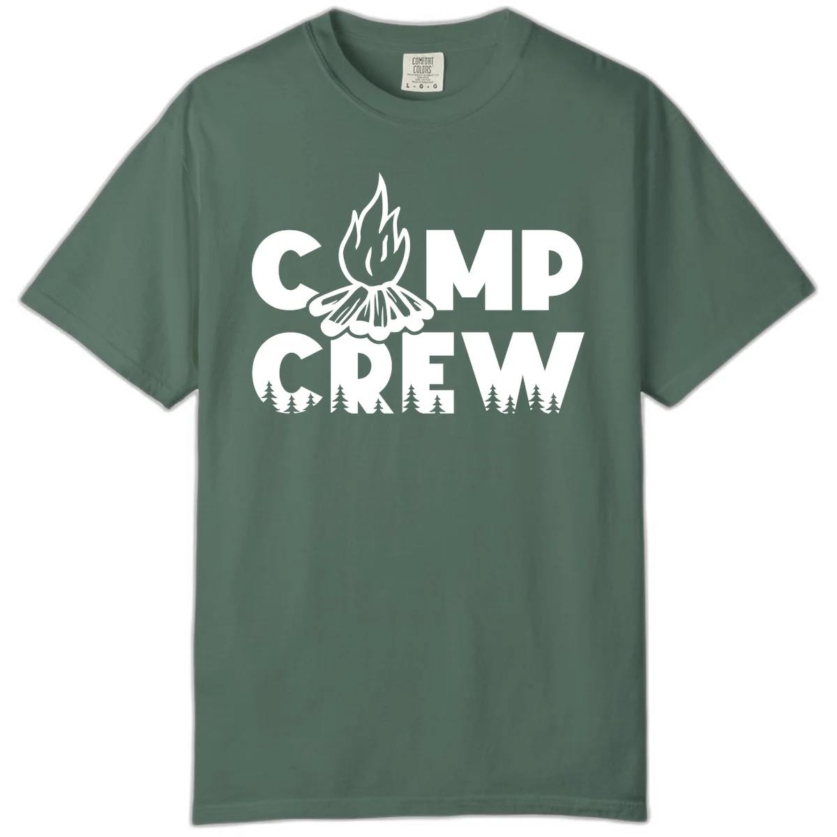Camp Crew campfire design with stylized flames, flower bloom, and pine trees on gray background in Blue Spruce