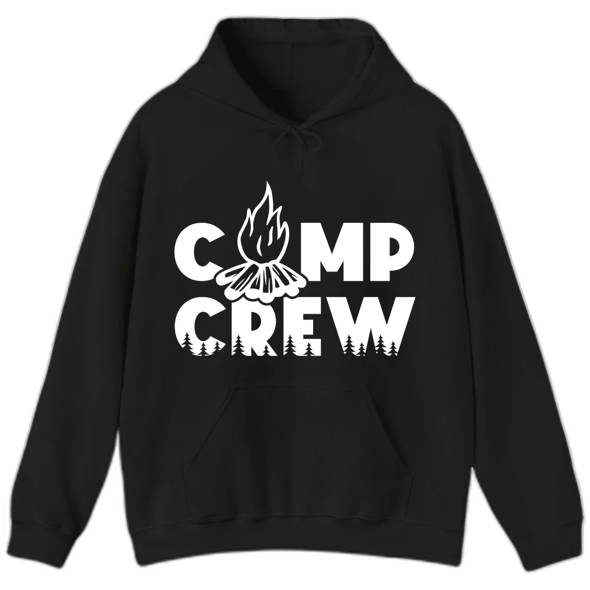 Camp Crew campfire design with stylized flames, flower bloom, and pine trees on gray background in Black