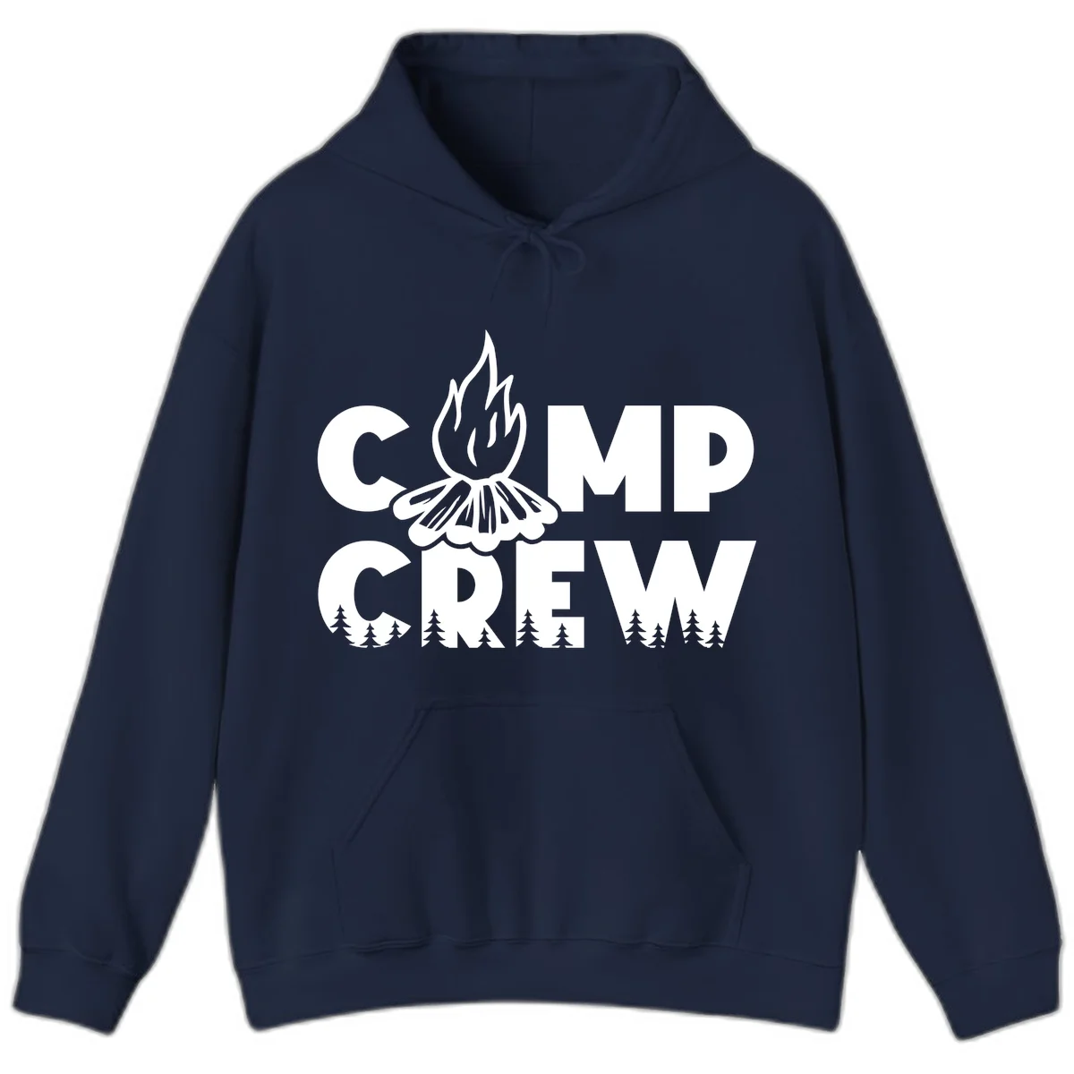 Camp Crew campfire design with stylized flames, flower bloom, and pine trees on gray background in Navy