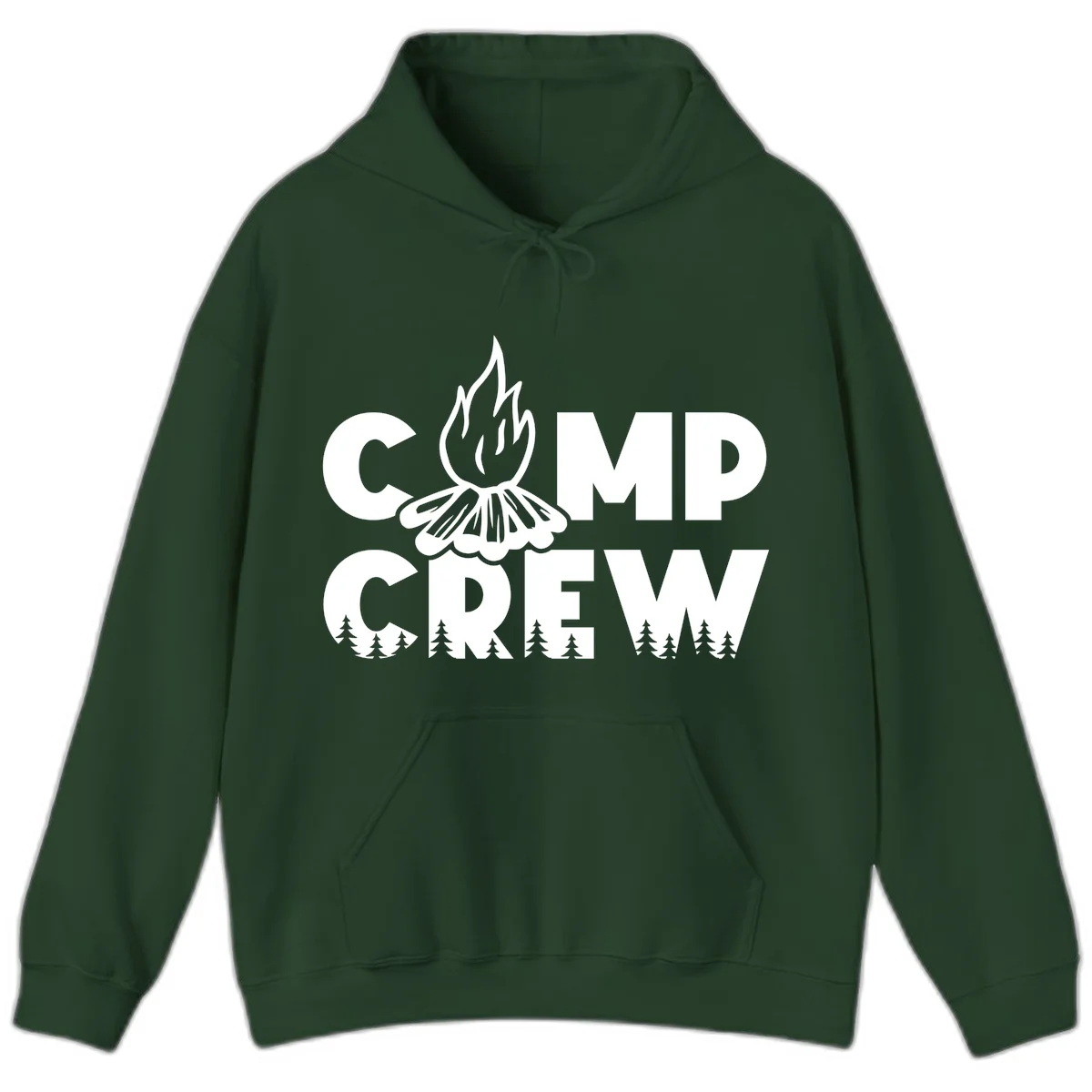 Camp Crew campfire design with stylized flames, flower bloom, and pine trees on gray background in Forest Green