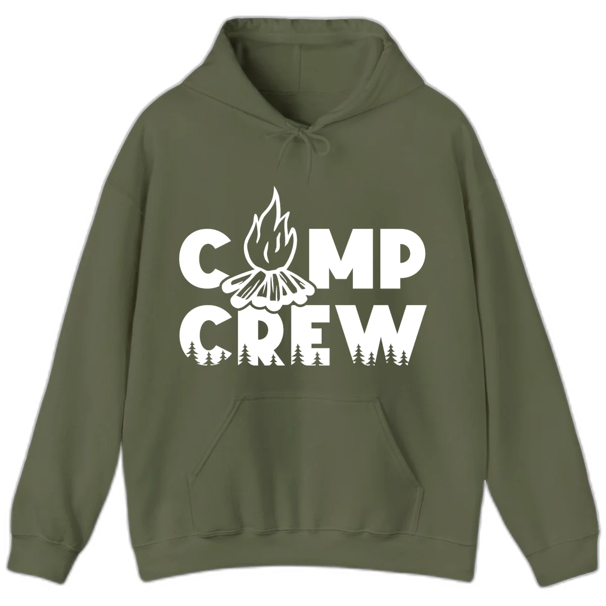 Camp Crew campfire design with stylized flames, flower bloom, and pine trees on gray background in Military Green