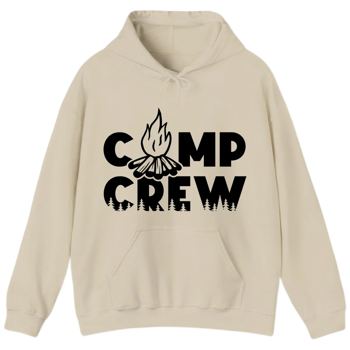 Camp Crew campfire design with stylized flames, flower bloom, and pine trees on gray background in Sand