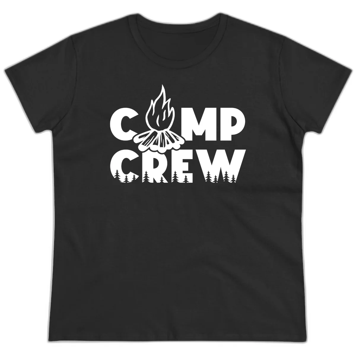 Camp Crew campfire design with stylized flames, flower bloom, and pine trees on gray background in Black
