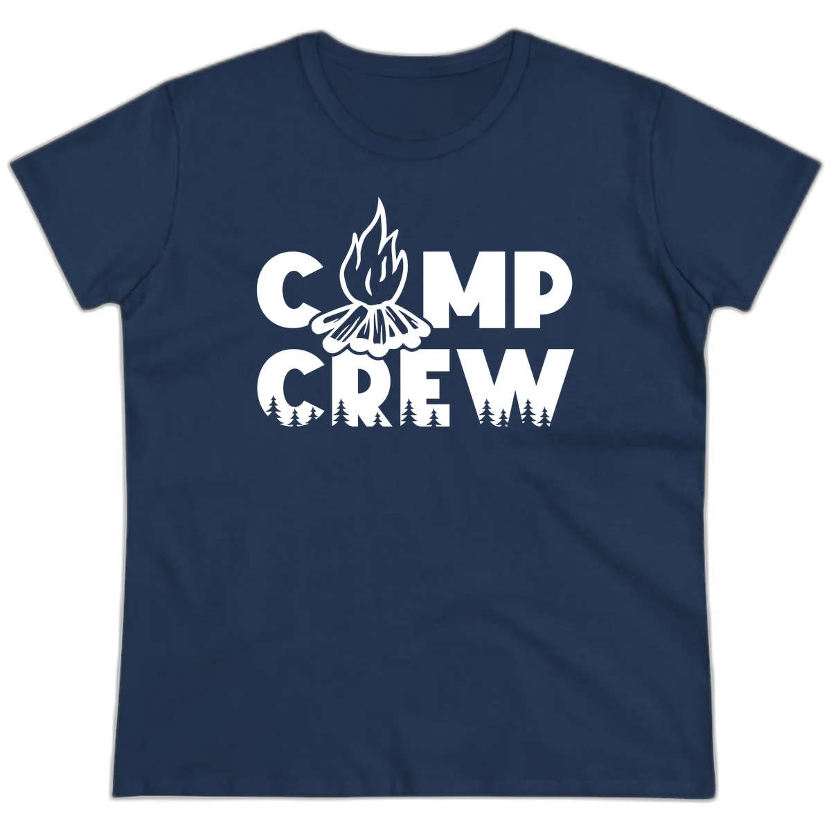 Camp Crew campfire design with stylized flames, flower bloom, and pine trees on gray background in Navy