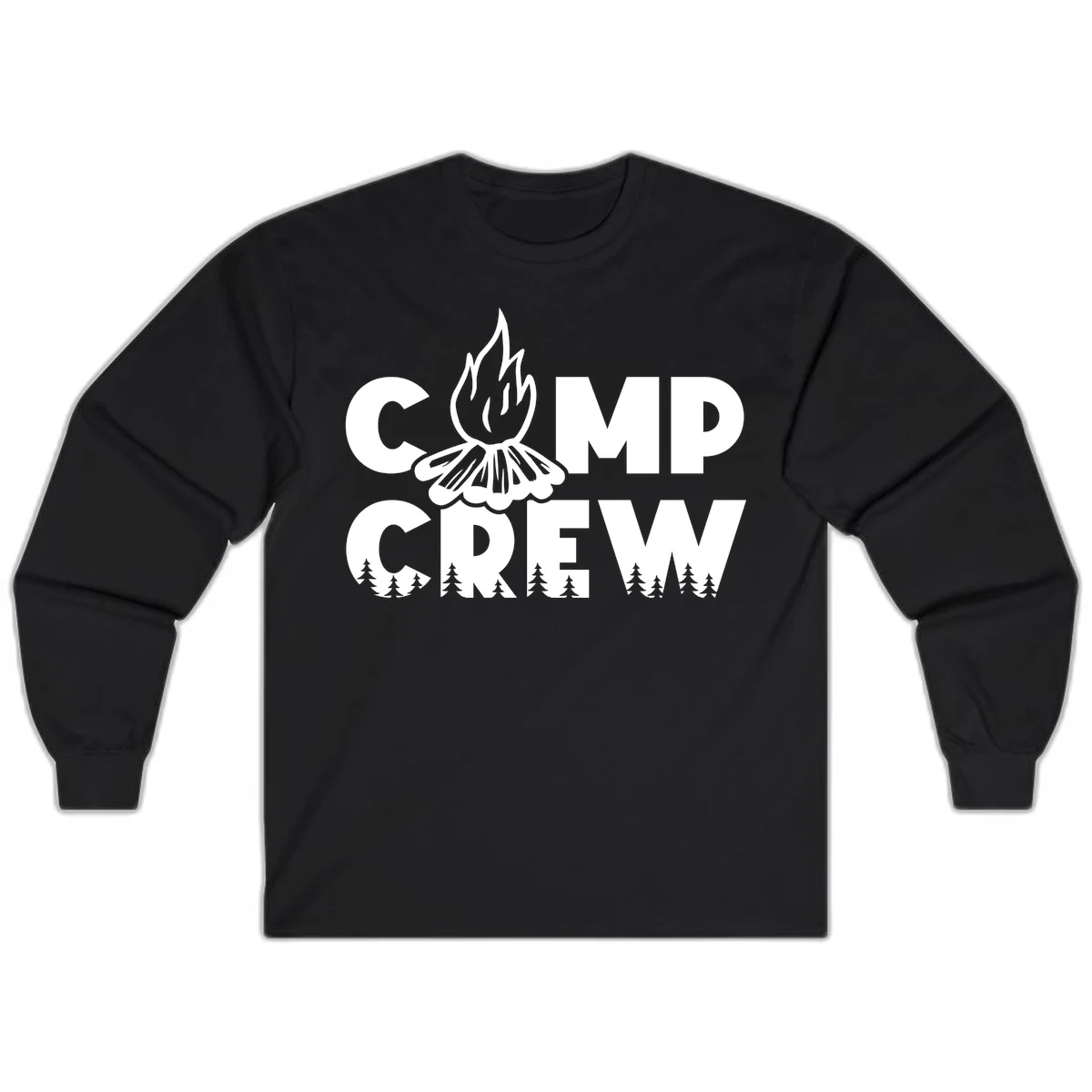 Camp Crew campfire design with stylized flames, flower bloom, and pine trees on gray background in Black