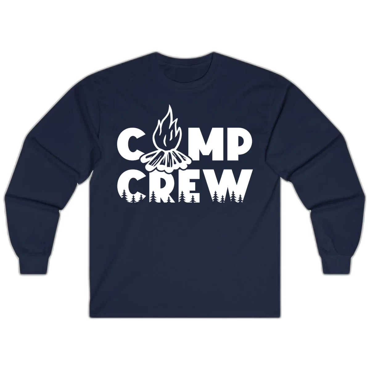 Camp Crew campfire design with stylized flames, flower bloom, and pine trees on gray background in Navy