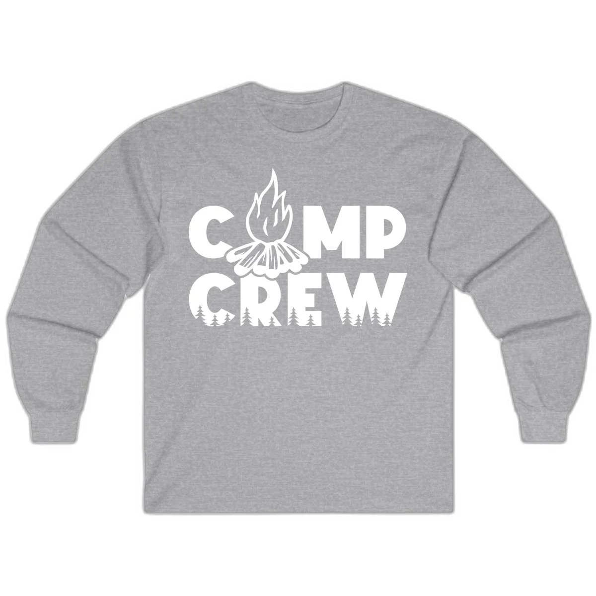 Camp Crew campfire design with stylized flames, flower bloom, and pine trees on gray background in Sport Grey