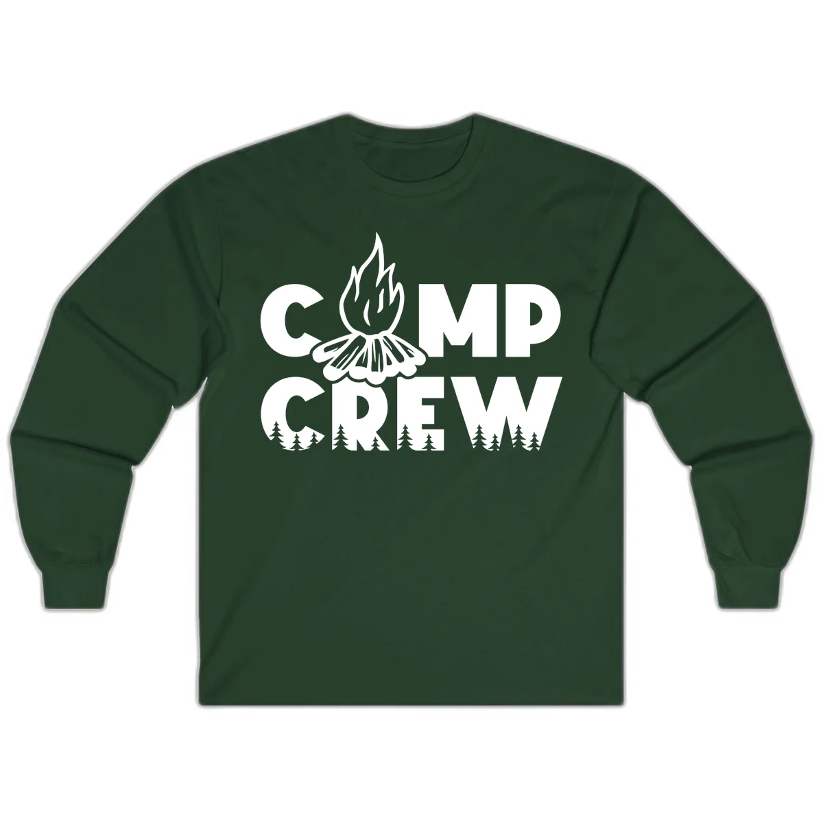 Camp Crew campfire design with stylized flames, flower bloom, and pine trees on gray background in Forest Green