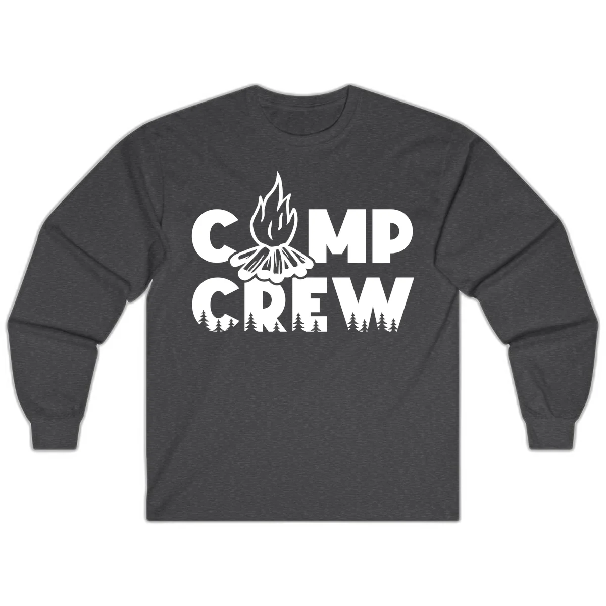 Camp Crew campfire design with stylized flames, flower bloom, and pine trees on gray background in Dark Heather