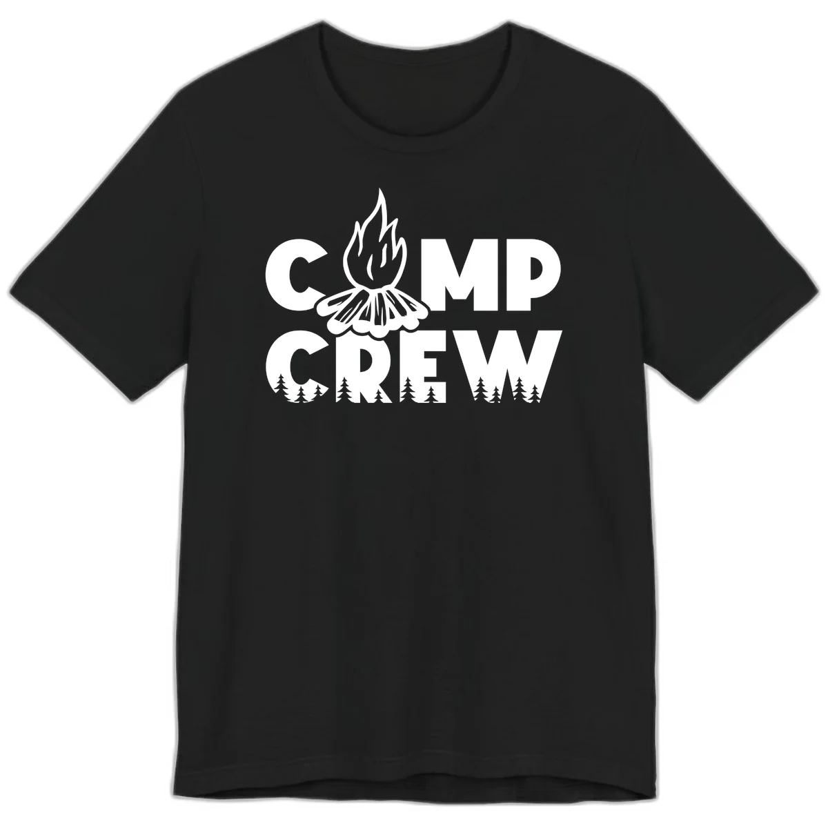 Camp Crew campfire design with stylized flames, flower bloom, and pine trees on gray background in Black