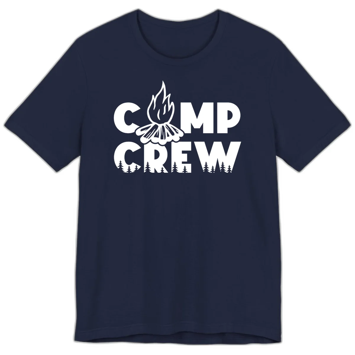 Camp Crew campfire design with stylized flames, flower bloom, and pine trees on gray background in Navy