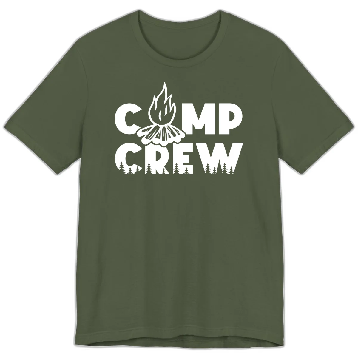 Camp Crew campfire design with stylized flames, flower bloom, and pine trees on gray background in Military Green